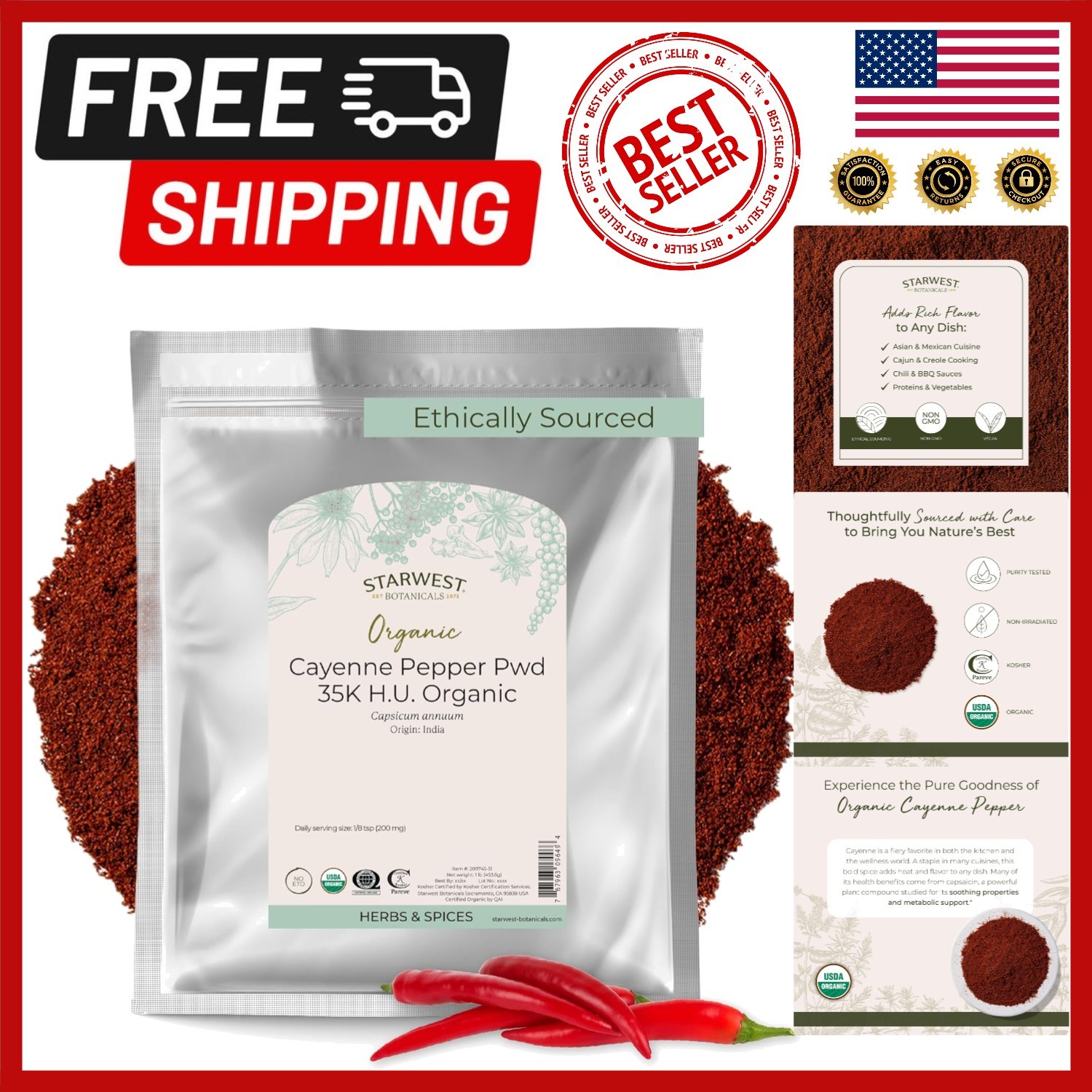 Organic Cayenne Pepper Powder 1 lb – 35k HU, Non-GMO & Sustainably Sourced