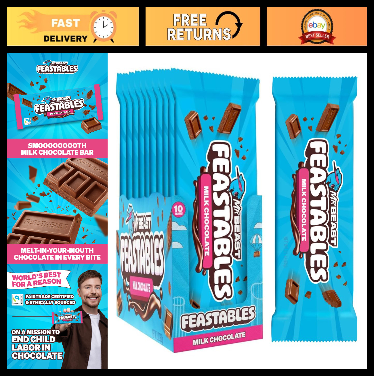 Milk Chocolate Bar King Size, 10 Count – Creamy Fairtrade Cocoa Candy, 2.1oz Eac