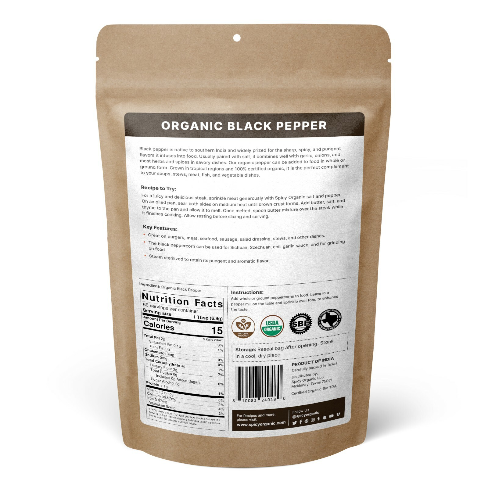 Organic Black Pepper – Dried Whole Peppercorns – 16 OZ