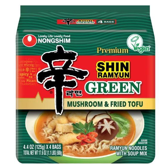 Nongshim Shin Green Vegan Instant Ramen Noodle Soup, 4 Pack, 4.4oz.