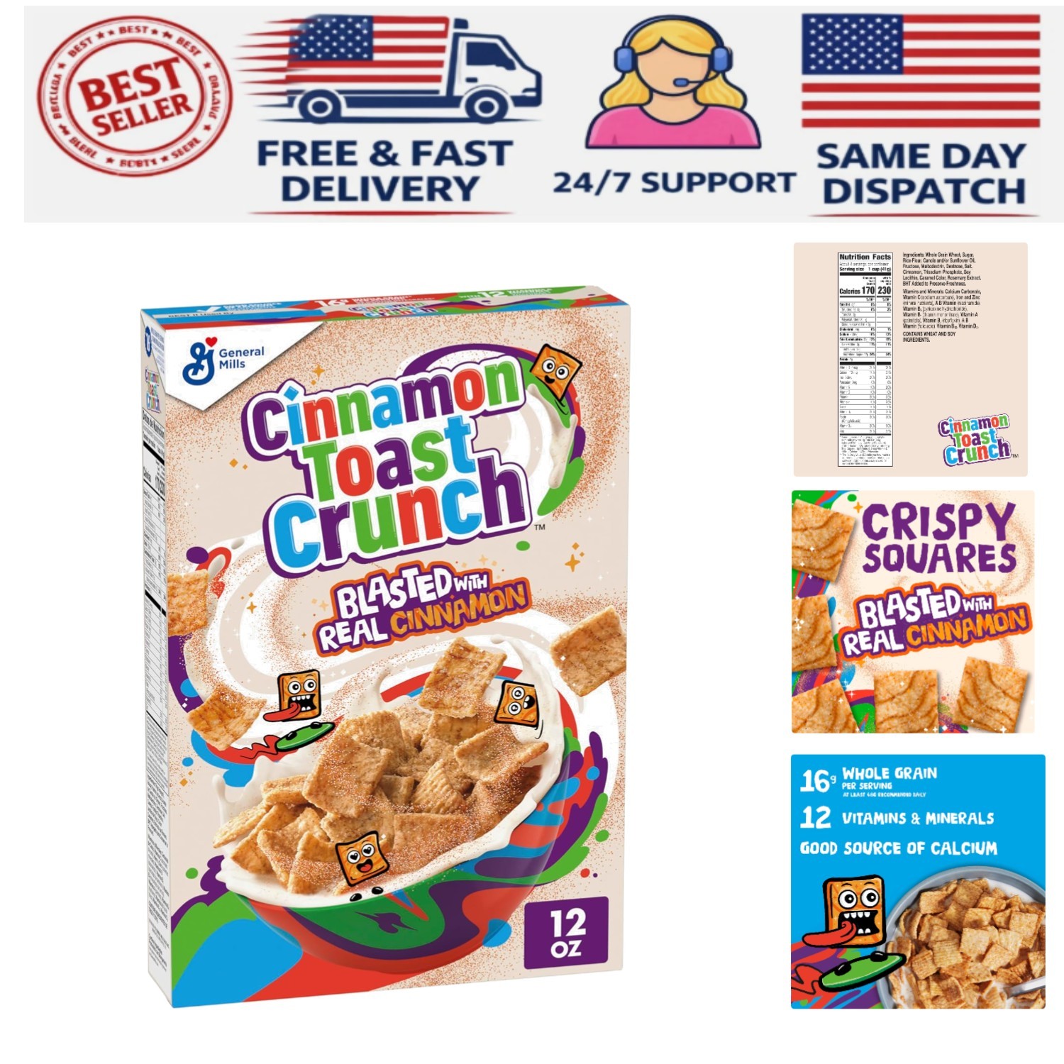 Breakfast Cereal, Crispy Cinnamon Cereal, 12 oz