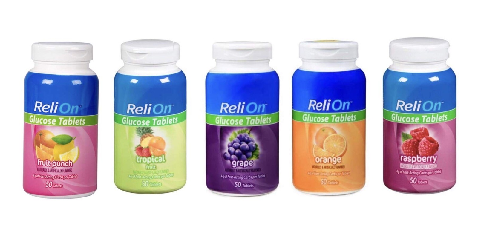 ReliOn Glucose Tablets Bundle of Fruit Punch, 50 Count (Pack 5), Orange