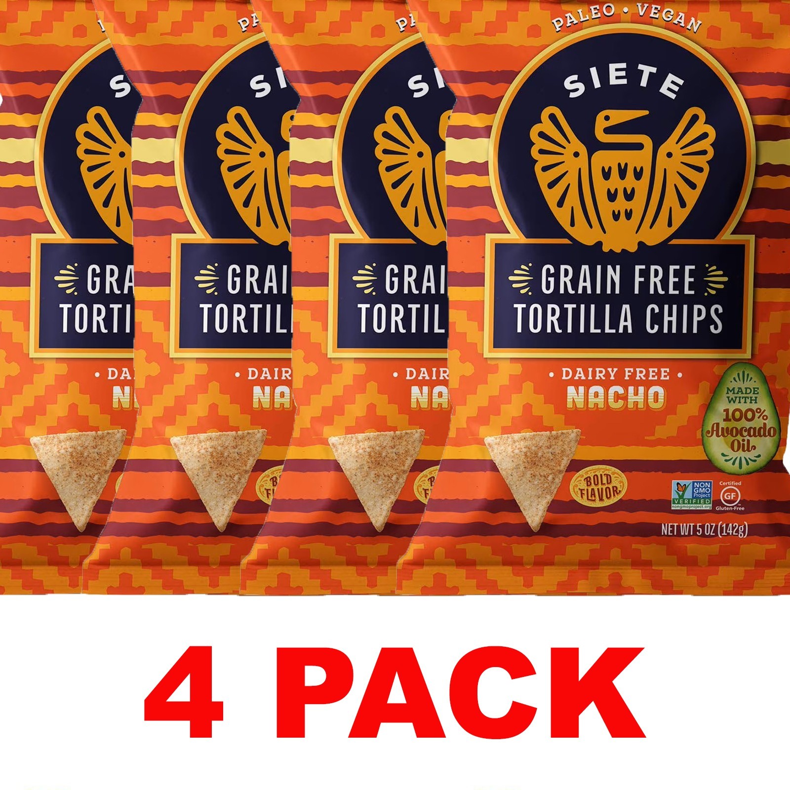 SIETE Dairy Free NACHO TORTILLA CHIPS Grain Free 5 oz Bag – 4 PACK