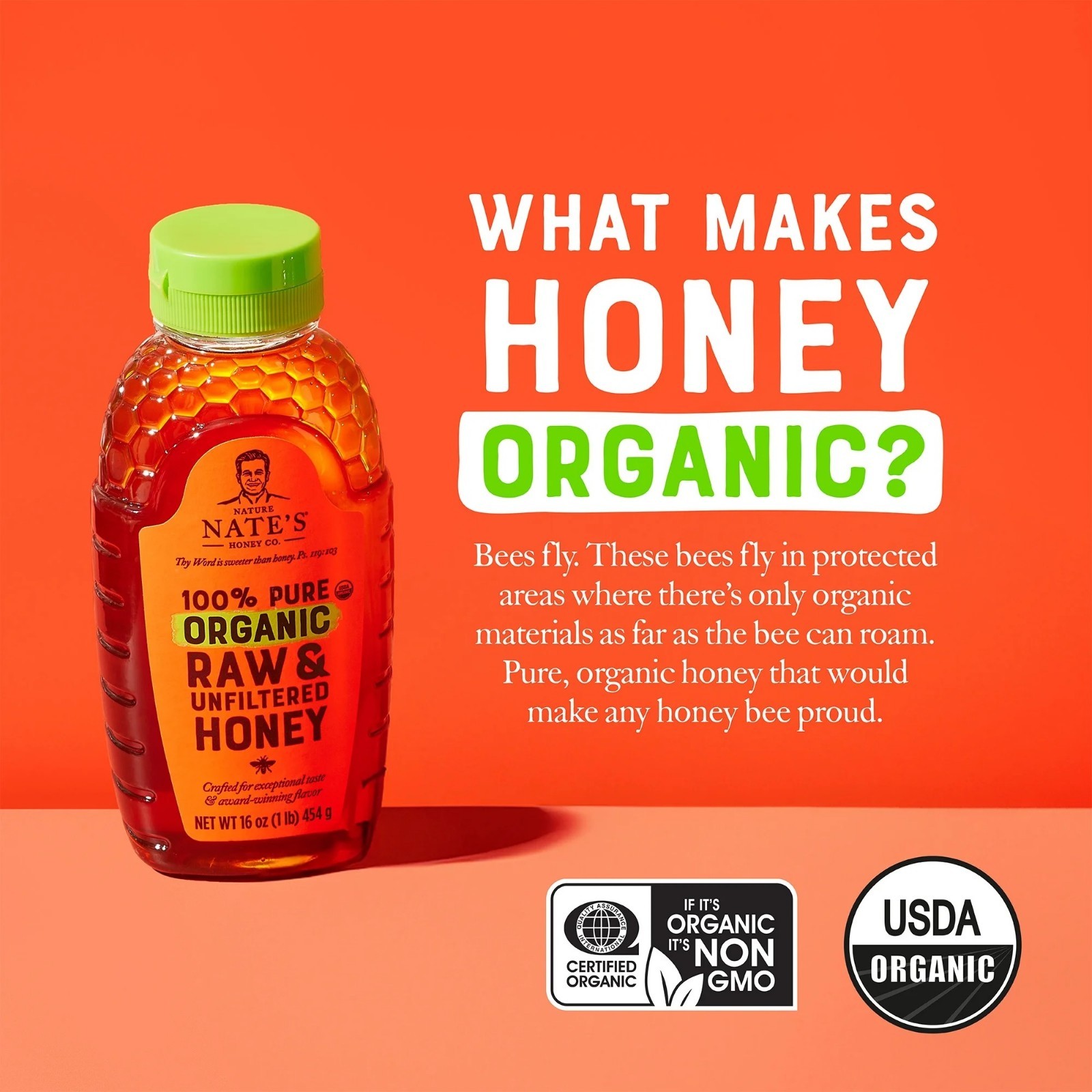 Nature Nate’s Organic Honey: 100% Pure, Raw and Unfiltered Honey – 16 fl oz Glut