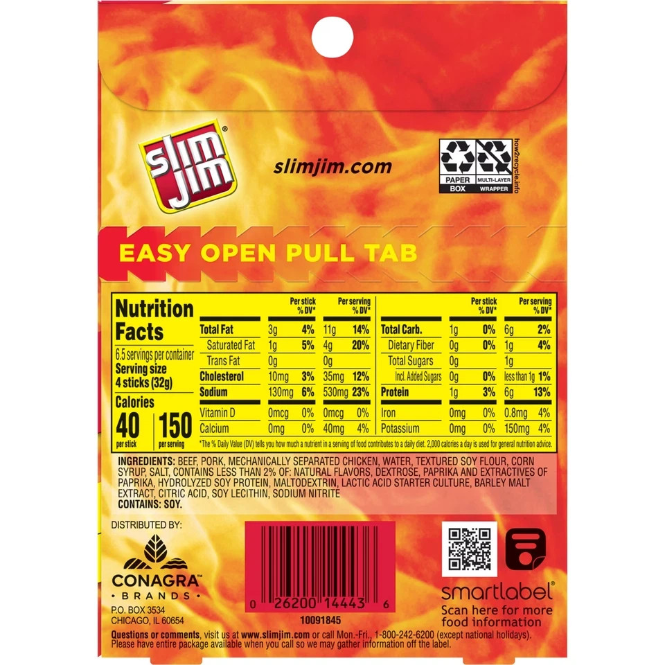 Slim Jim Smoked Meat Sticks, Original Flavor, 6g Protein Per Serving, Snack Size
