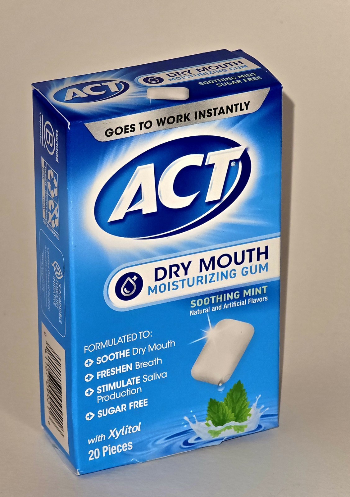 ACT Dry Mouth Moisturizing Gum Mint Sugar Free Pellet/Pillow 20 Pieces