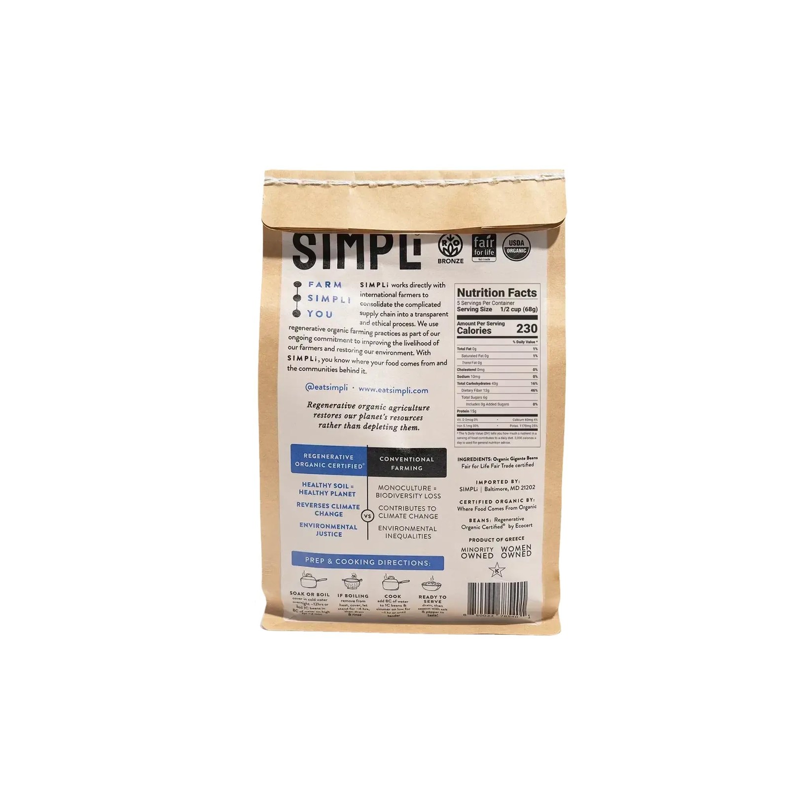 SIMPLi Regenerative Organic Certified Gigantes Beans, Dried White Beans, Butt…