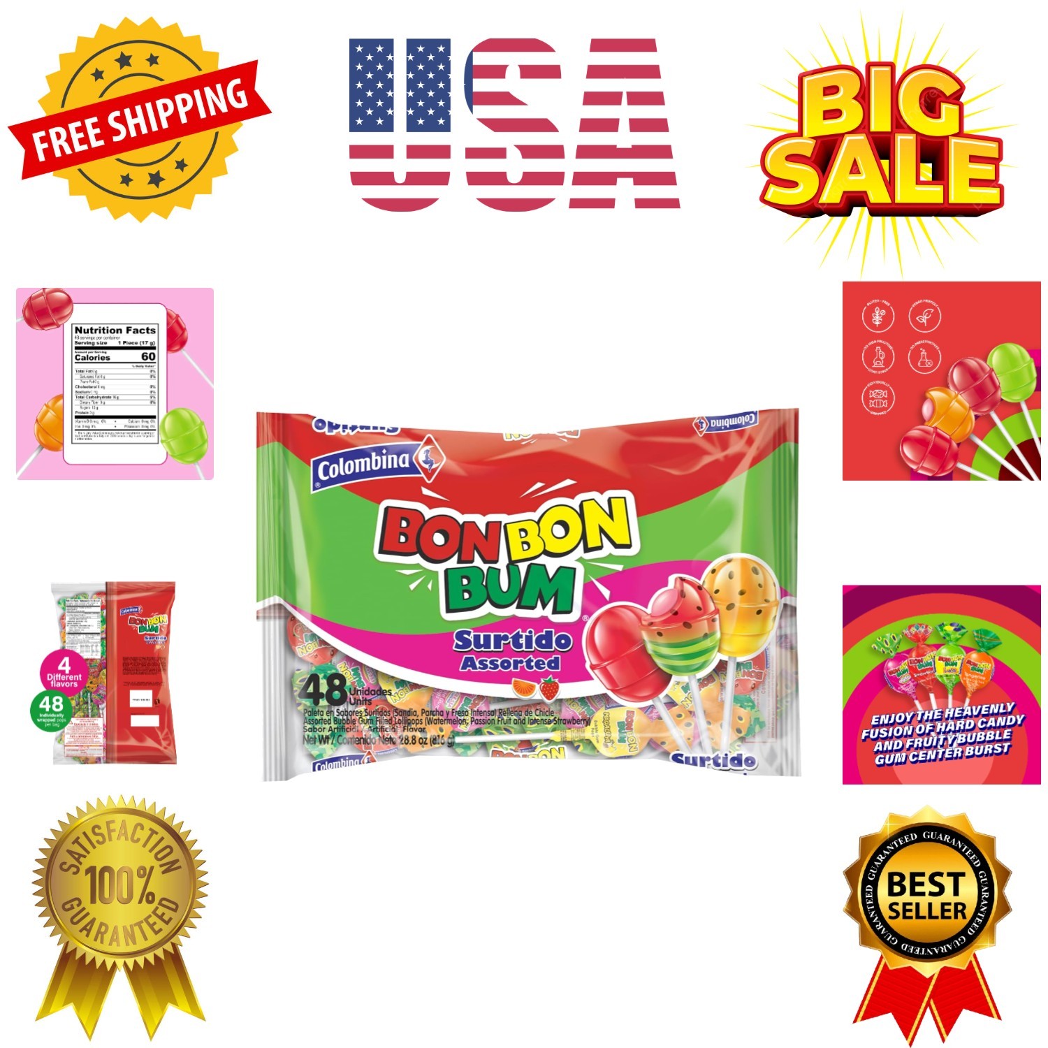 Bon Bon Bum Lollipops, Assorted Flavor, 48 Count Pack of 1