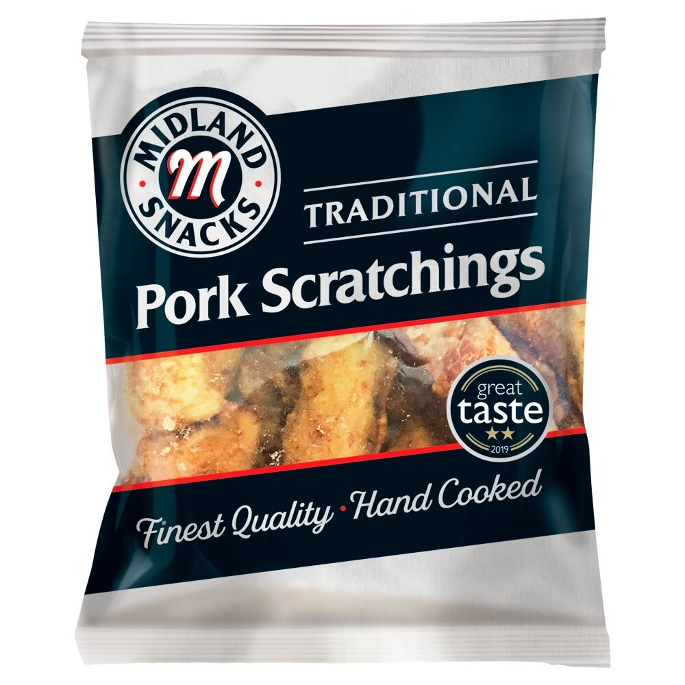 Midland Snacks Traditional Pork Scratchings 12 x 40g Packs Meat Snack Pub Card