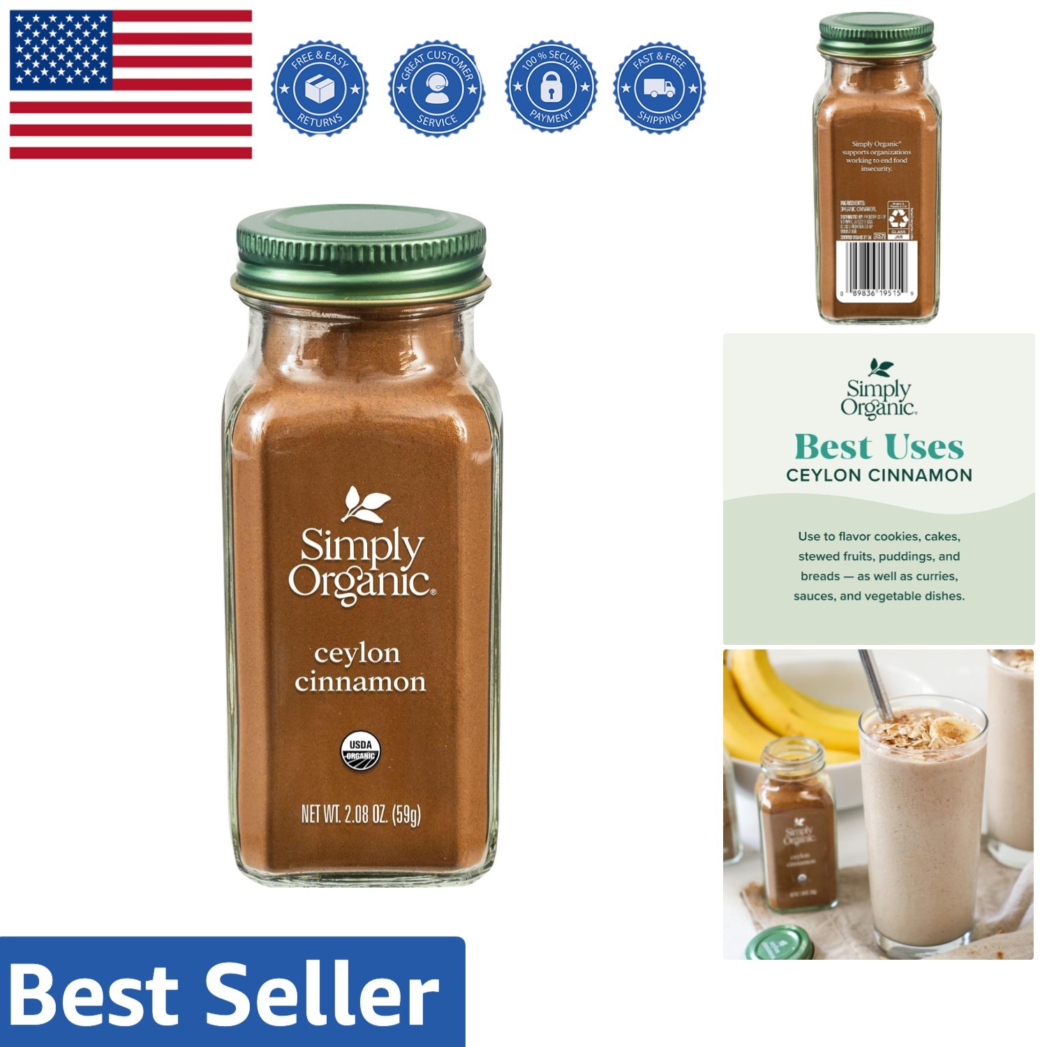 2.08 Oz Organic Ground Ceylon Cinnamon – Sweet Aromatic Spice in Glass Bottle