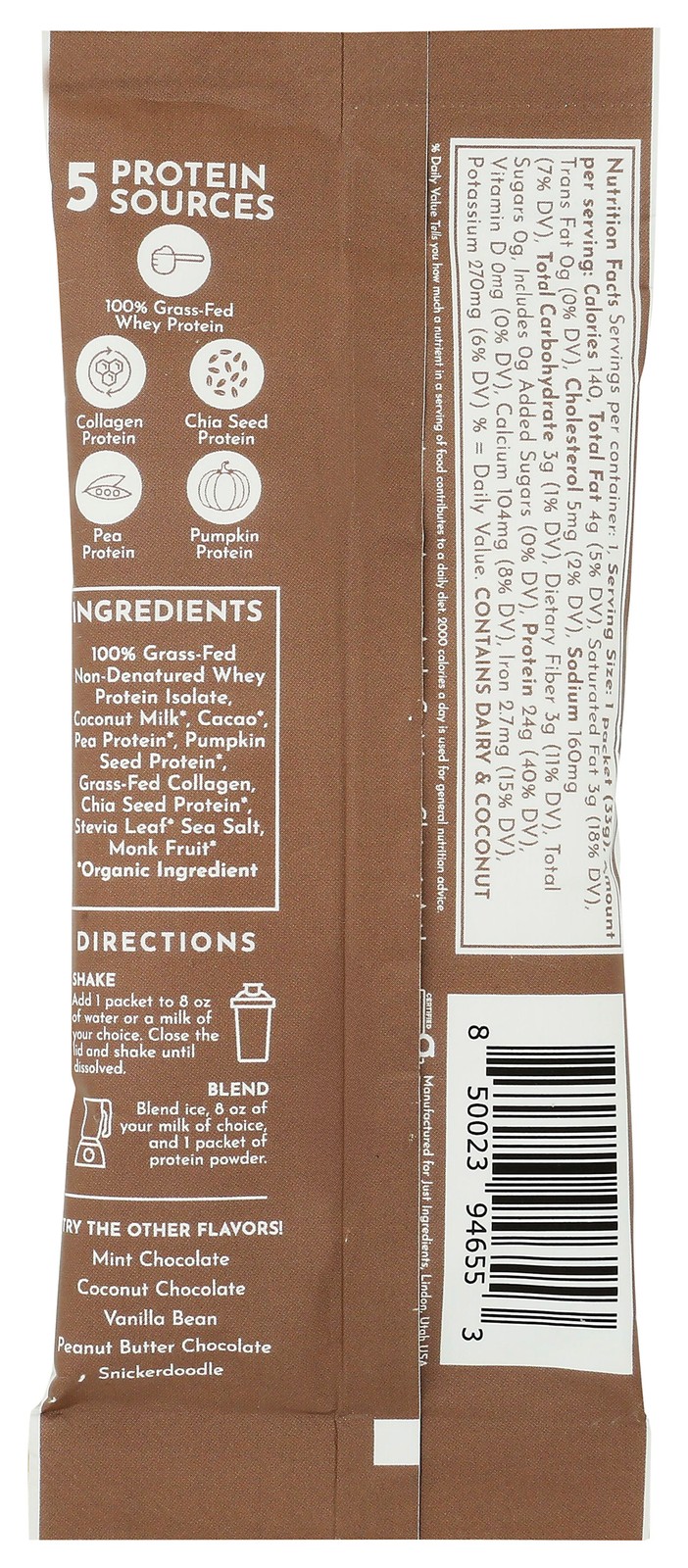 Just Ingredients Single Serve Chocolate Protein Powder 24 Grams 10 Pack