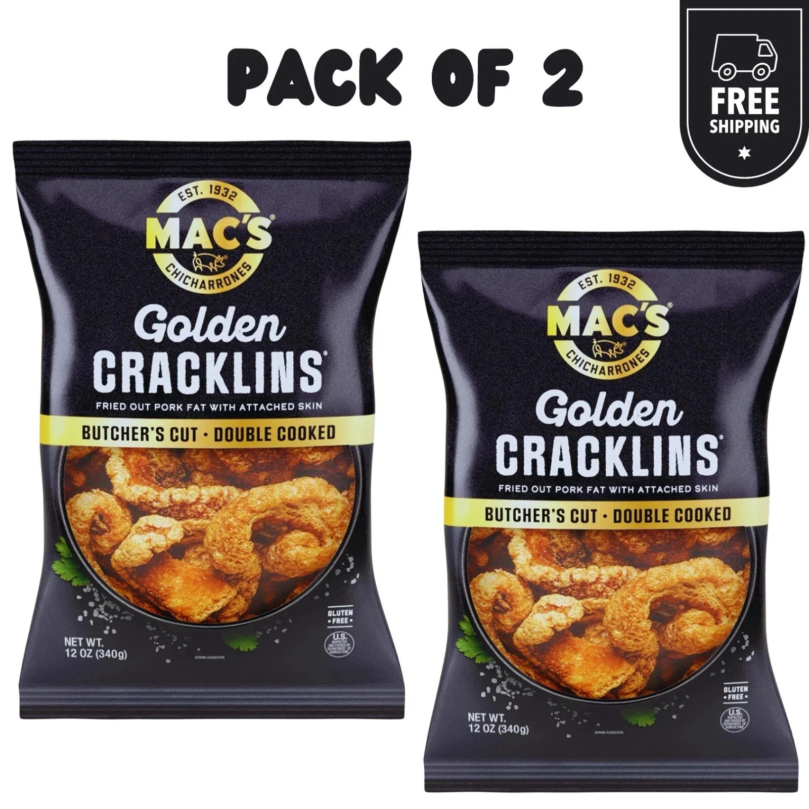 Mac’s Chicharrones Golden Cracklin Curls, Fried Pork Fat with Skin, 12 oz, 2Pack