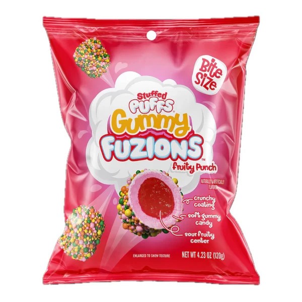 Stuffed Puffs Fruity Punch Gummy Fuzions 4.23 Oz. Crunchy Coating Sour Fruitty