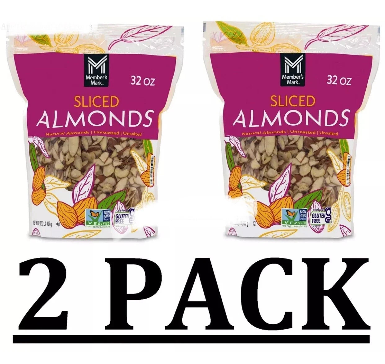 PACK of 2 – Member’s Mark Natural Sliced Almonds – 2 lbs Each – Total 4 lbs. 🎁