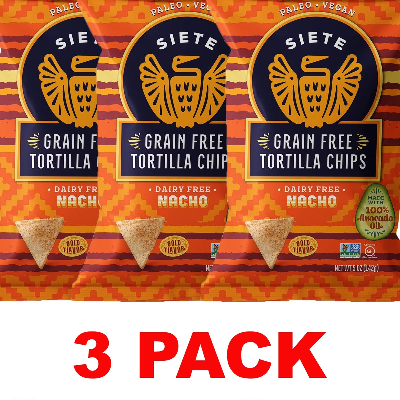 SIETE Dairy Free NACHO TORTILLA CHIPS Grain Free 5 oz Bag – 3 PACK