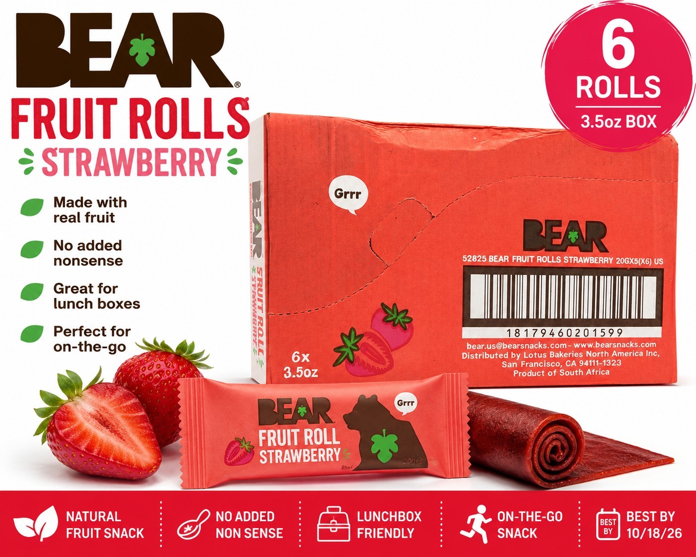 BEAR Strawberry Fruit Rolls 6 Pk 3.5oz Natural Fruit Snack Kids Lunch EXP 10/26
