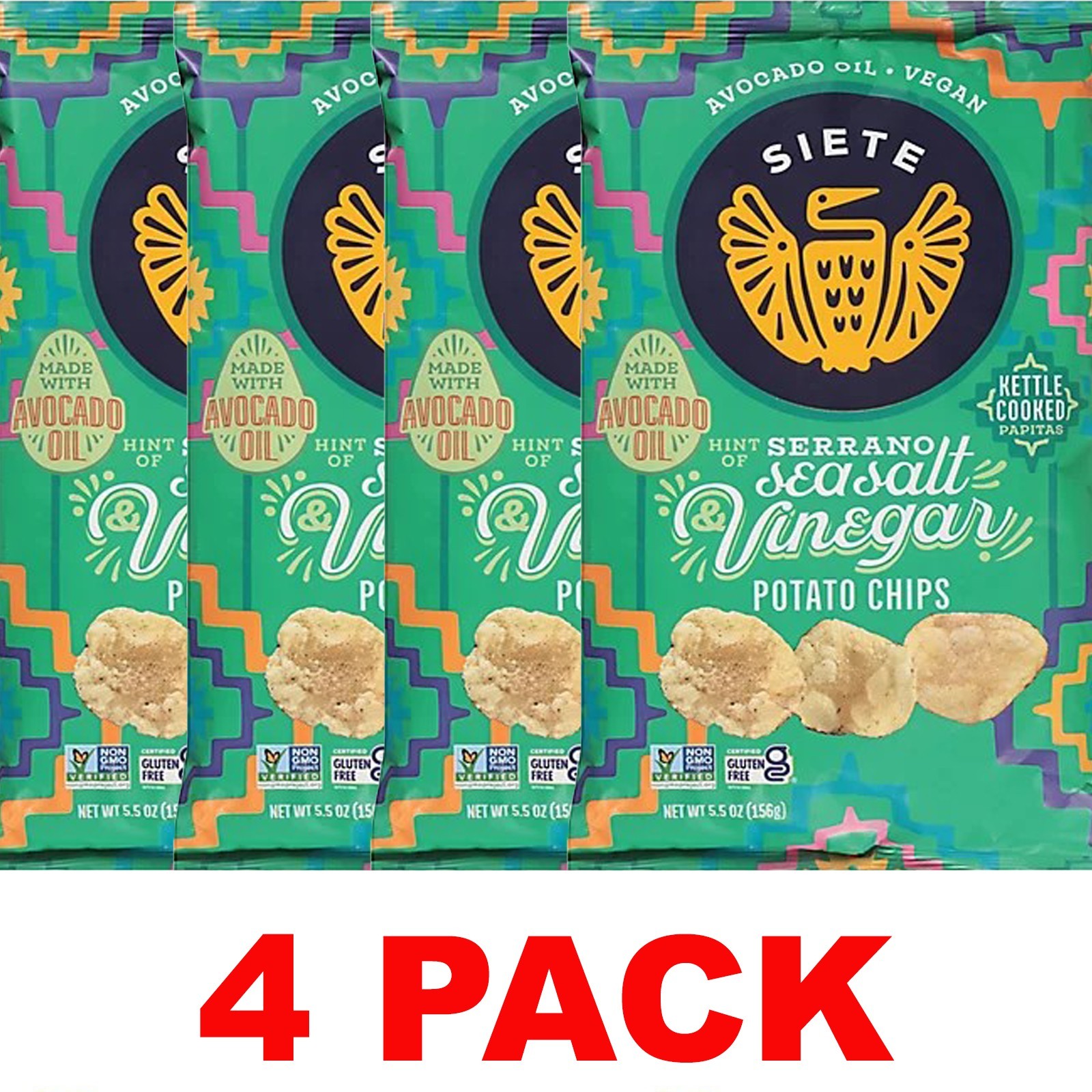 SIETE Serrano Sea Salt Vinegar Potato Chips Avocado Oil 5.5 oz Bag – 4 PACK