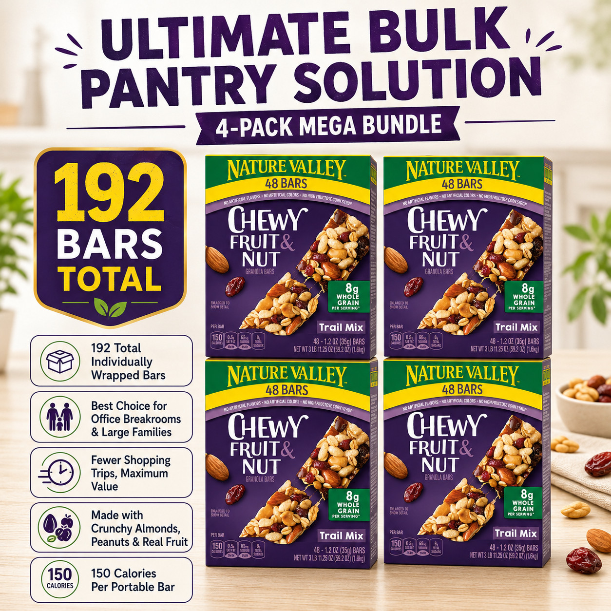 4 Pack Nature Valley Fruit & Nut Chewy Granola Bar, Trail Mix, 1.2 oz, 48-count
