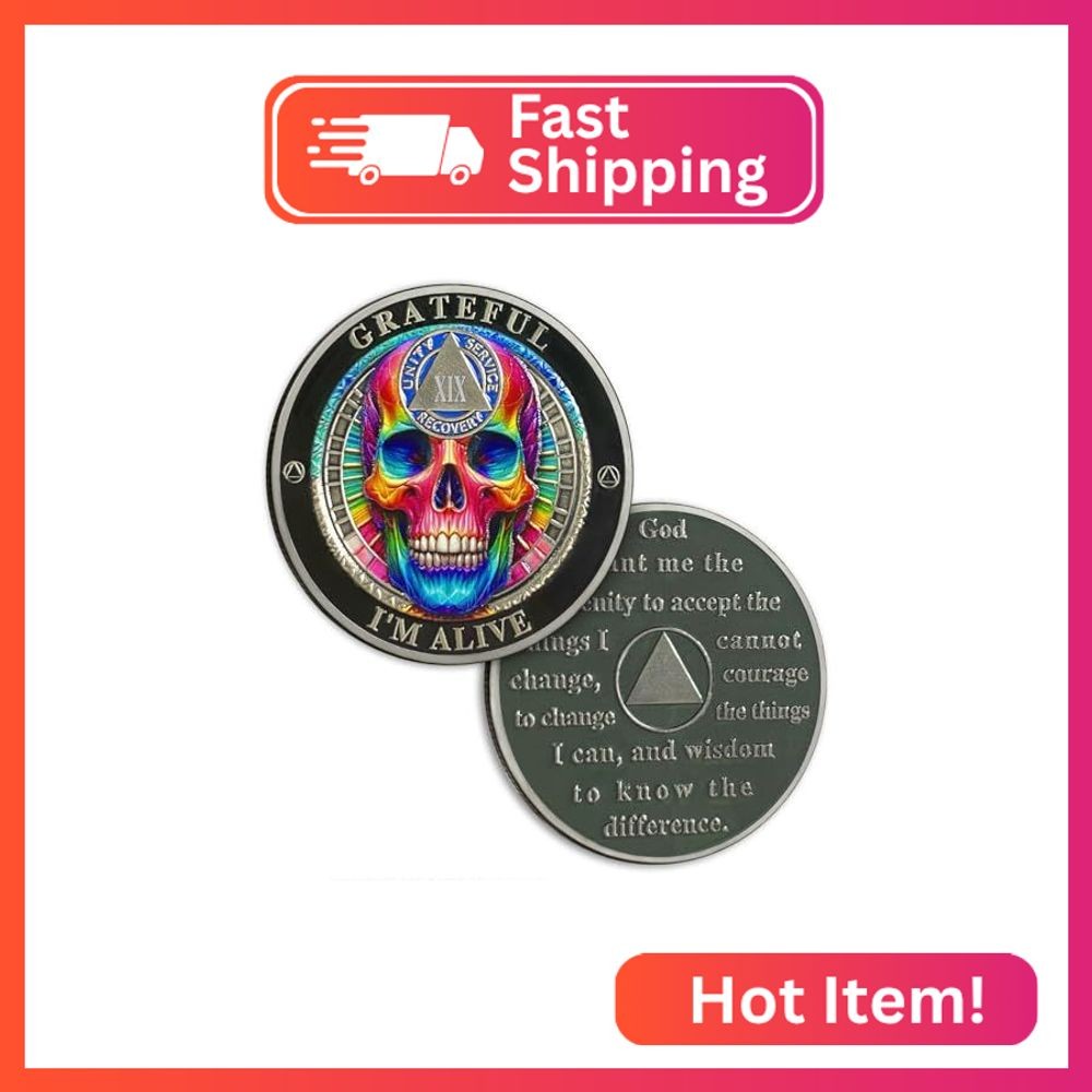 Rainbow Skull 19 Year Sobriety Coin, Grateful I’m Alive AA Coin – AA Chips and M