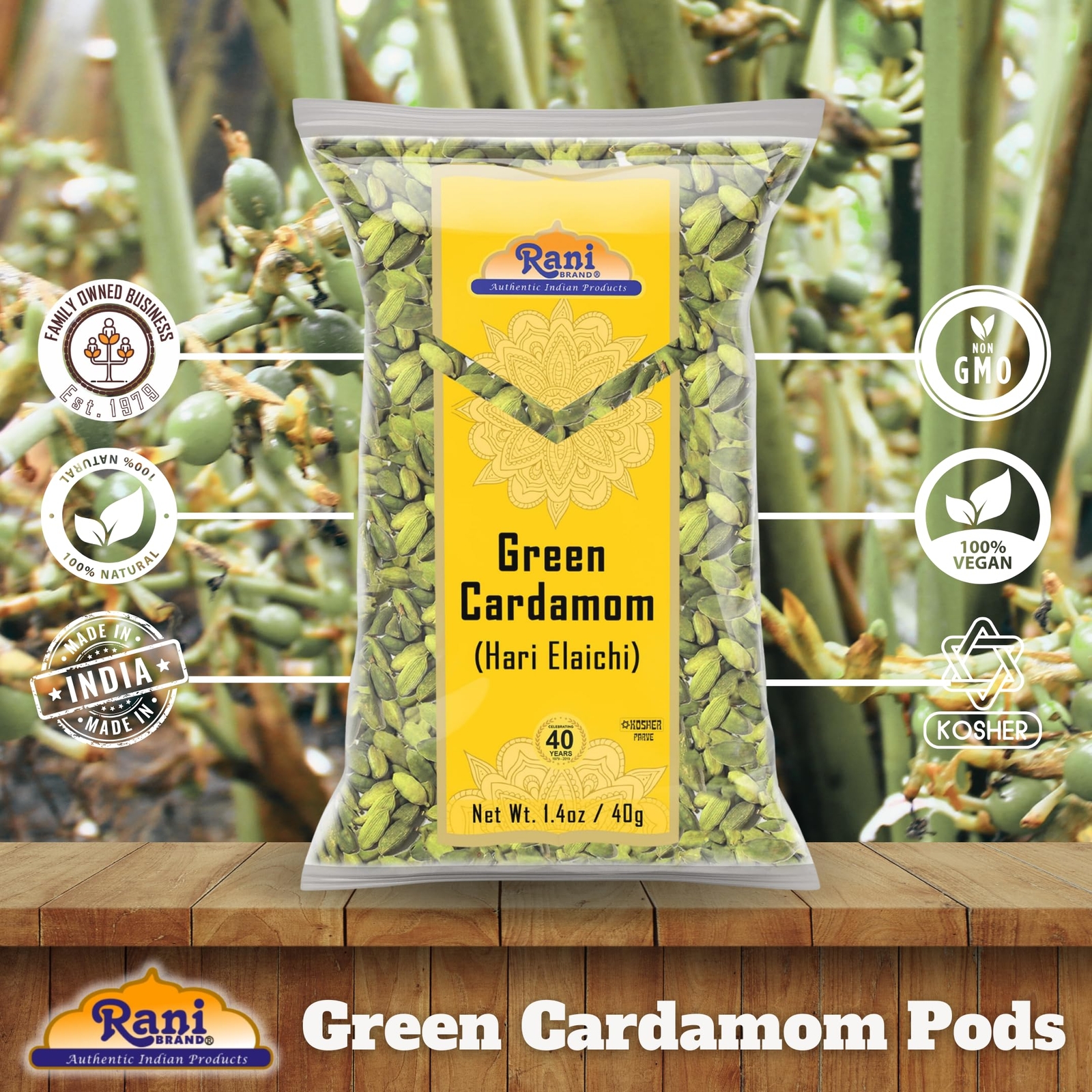 Rani Green Cardamom Pods Spice (Hari Elachi) 1.4oz (40g)