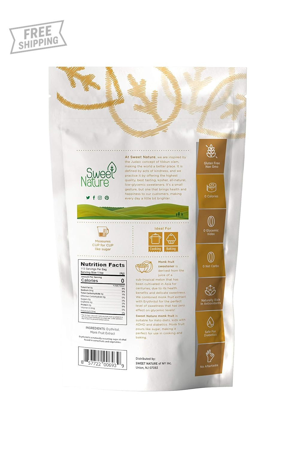 Monk Fruit Sweetener Classic Non GMO Gluten Free Sugar Substitute G1N