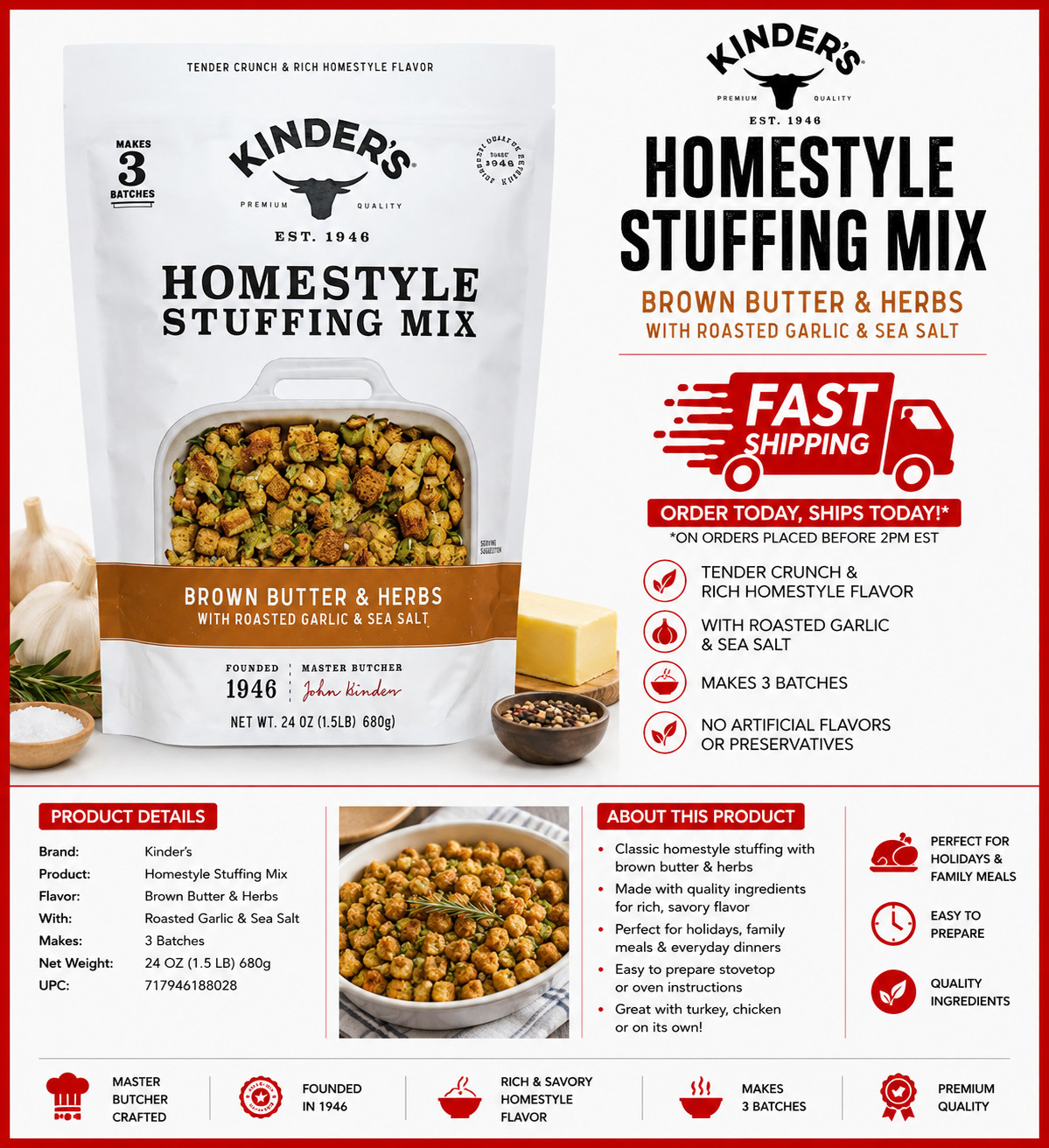 Kinder’s Homestyle Stuffing Mix, 24 oz. Makes up to 3 batches per bag