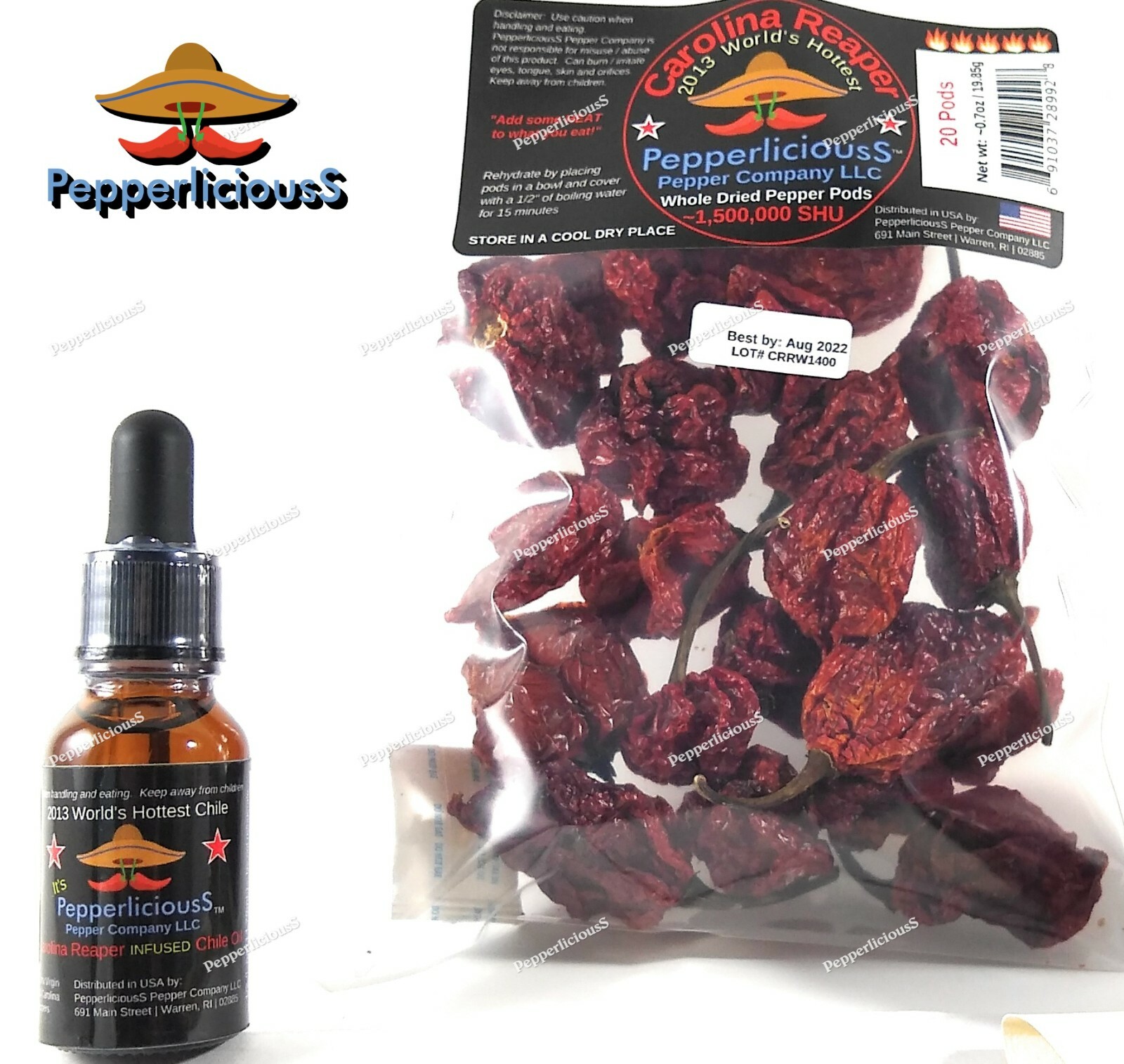 20 DRIED CAROLINA REAPER PEPPER PODS + REAPER INFUSED CHILE OIL DROPS 1/2 OZ