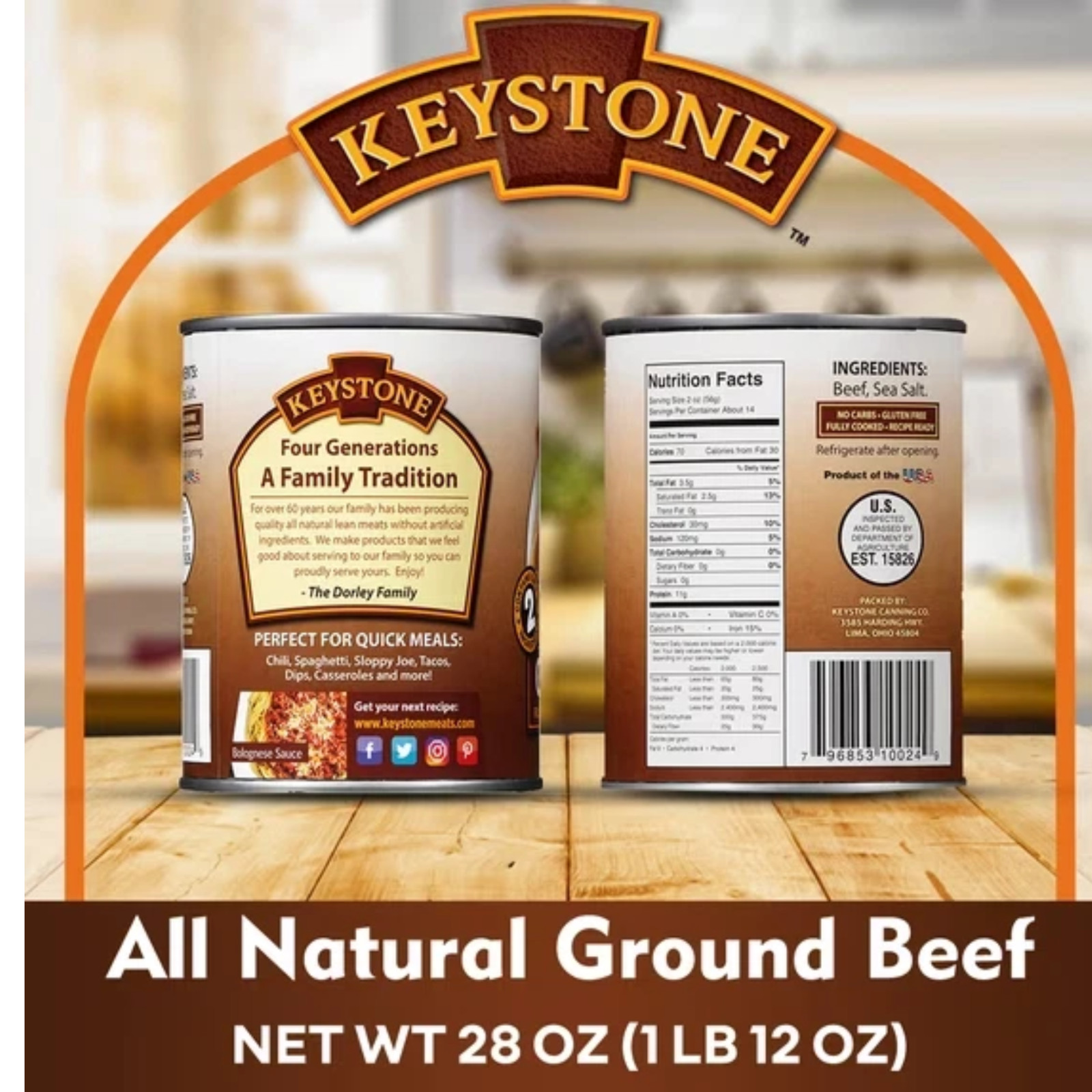 Keystone All natural Ground Beef 28 oz Can, Free Shipping