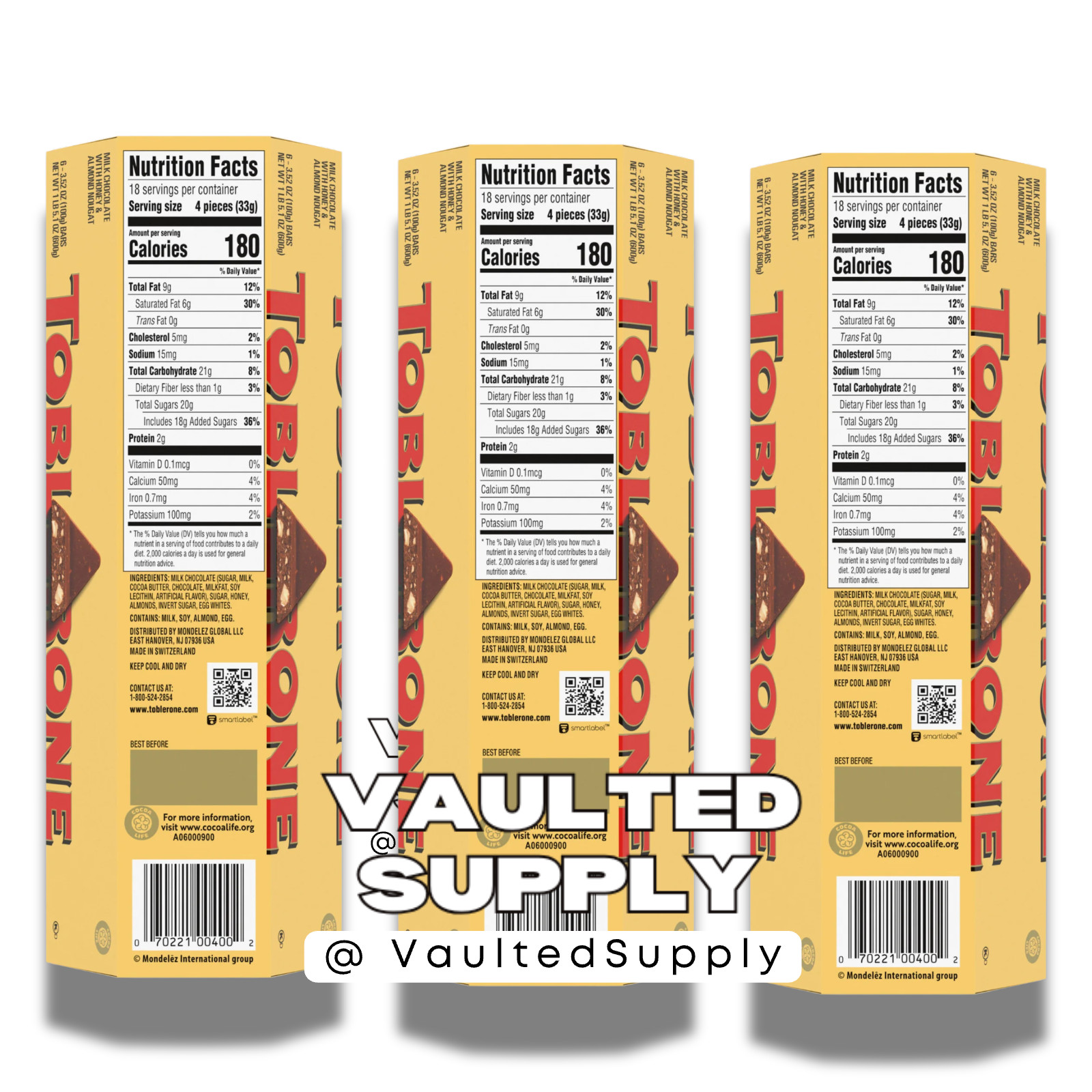 Toblerone Swiss Milk Chocolate Honey Almond Nougat 18 Bars 3.52oz EXP 08/2026
