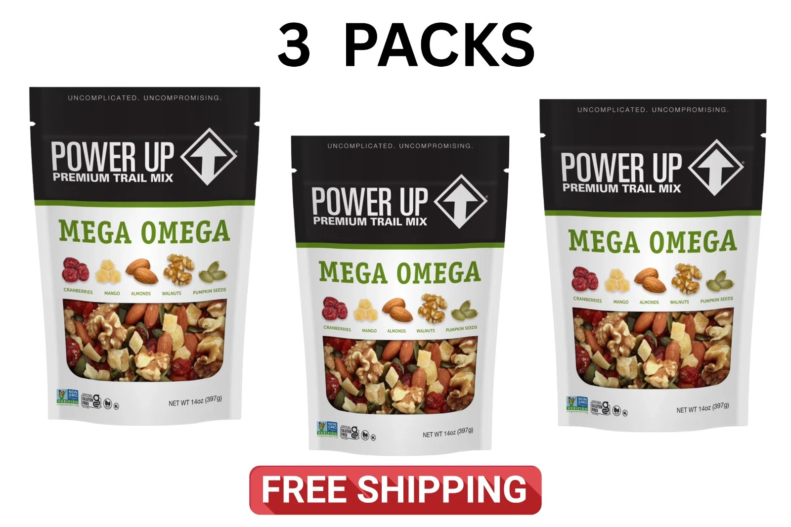 Power Up Mega Omega Trail Mix from Gourmet Nut, Resealable Bag, 14 oz, (3 Pack)