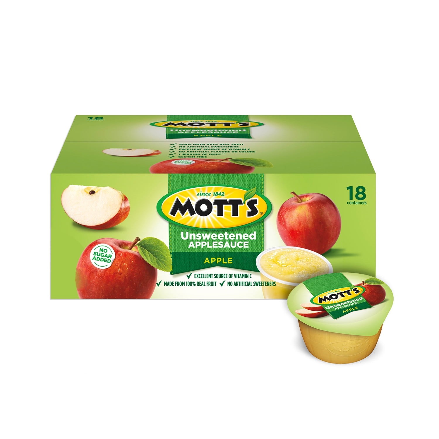 Mott’s Unsweetened Applesauce, No Artificial Flavors, 3.9 Oz Cups, 18 COUNT.