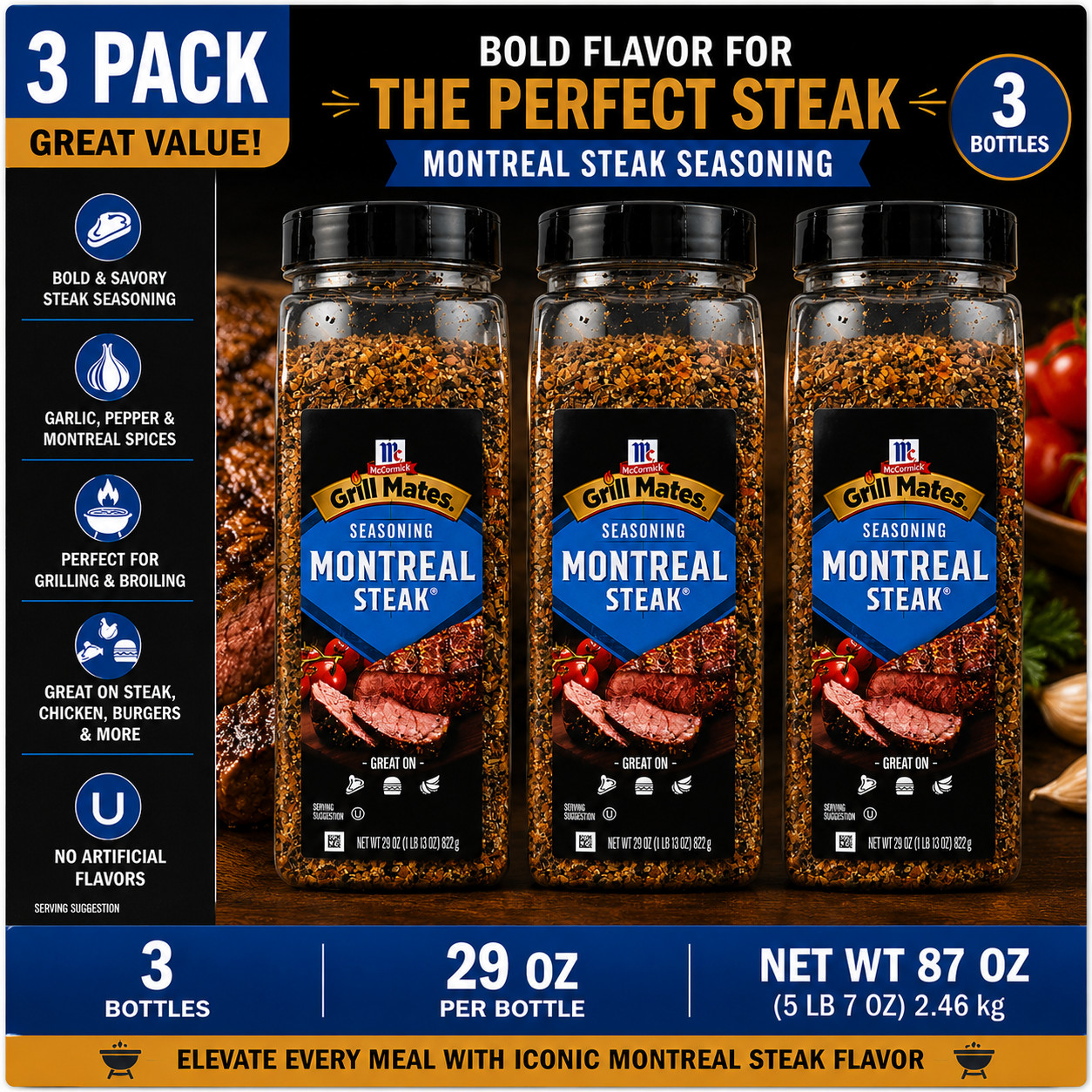 3-Pack McCormick, Grill Mates, Montreal Steak Seasoning, 29 oz