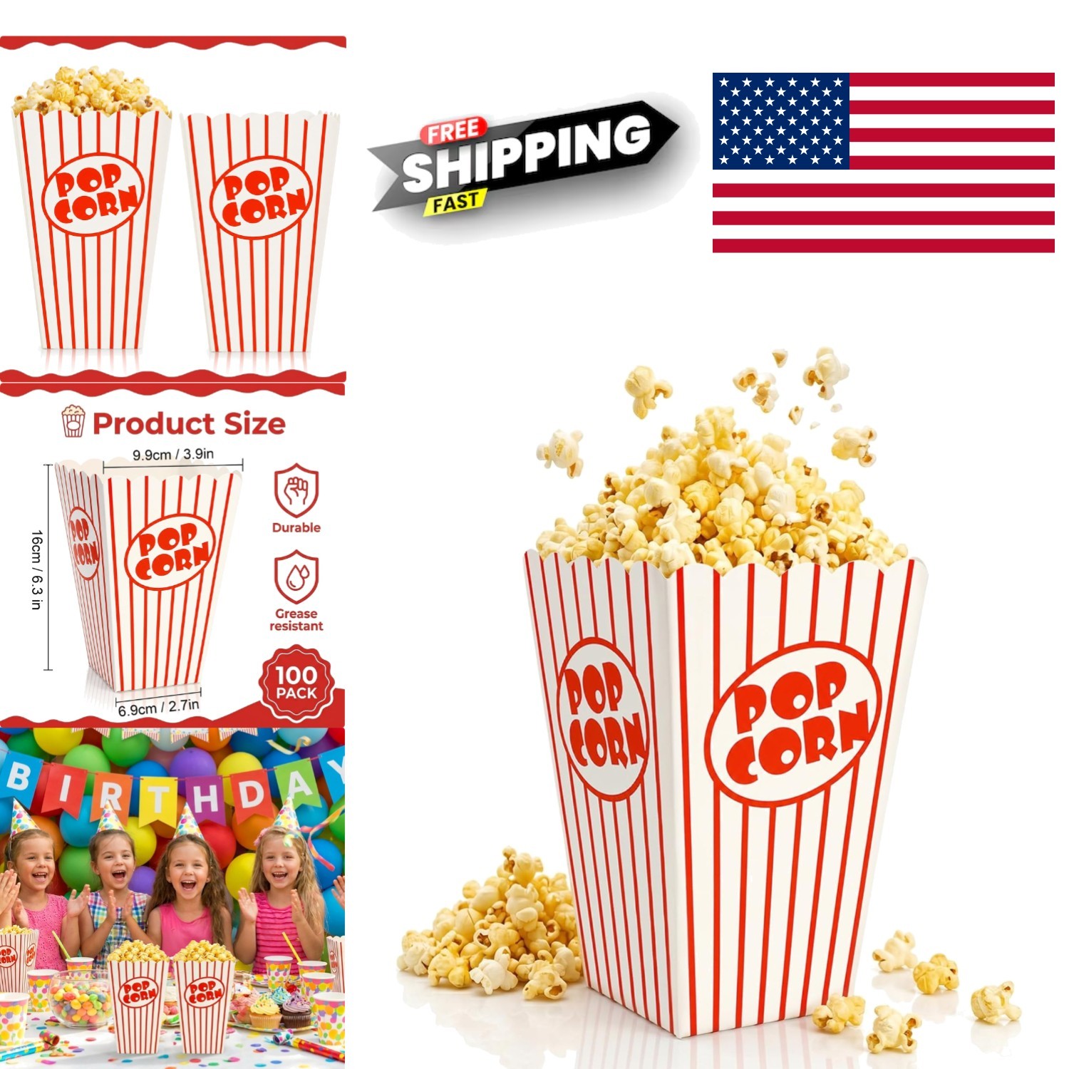 Portable Red and White Striped Popcorn Containers 100 Count for Celebrations