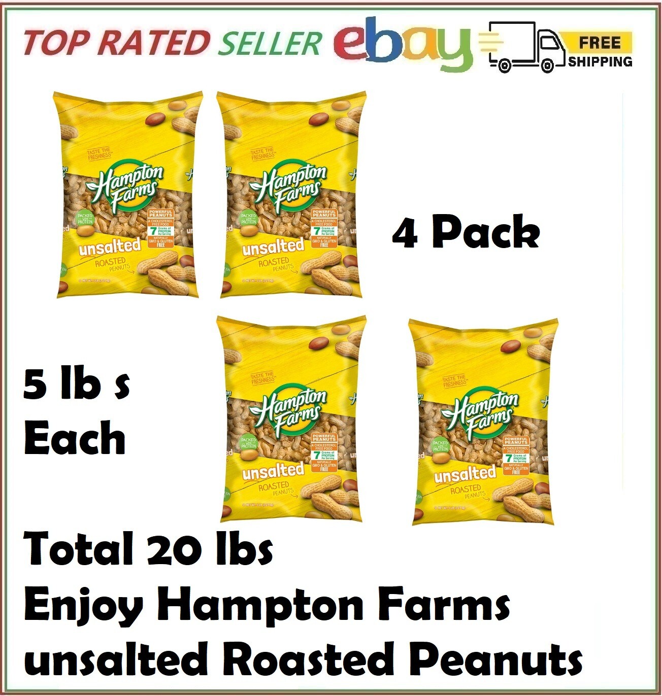 4 PACK Hampton Farms Unsalted In-Shell Peanuts 20 lbs. TOTAL – FREE SHIPPING