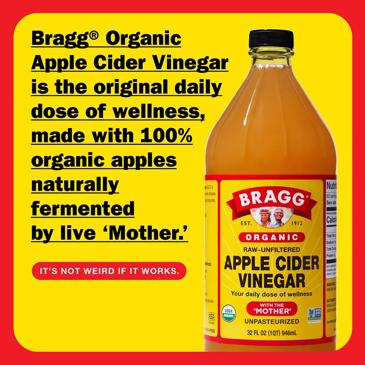 Bragg Organic Apple Cider Vinegar with the Mother, Raw and Unfiltered, 32 fl oz.