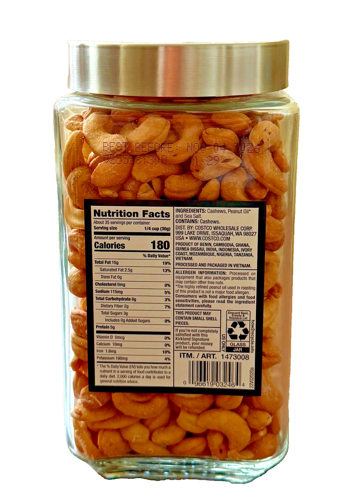 Kirkland Signature Cashews 38 Ounce Jar EXP 11/2026