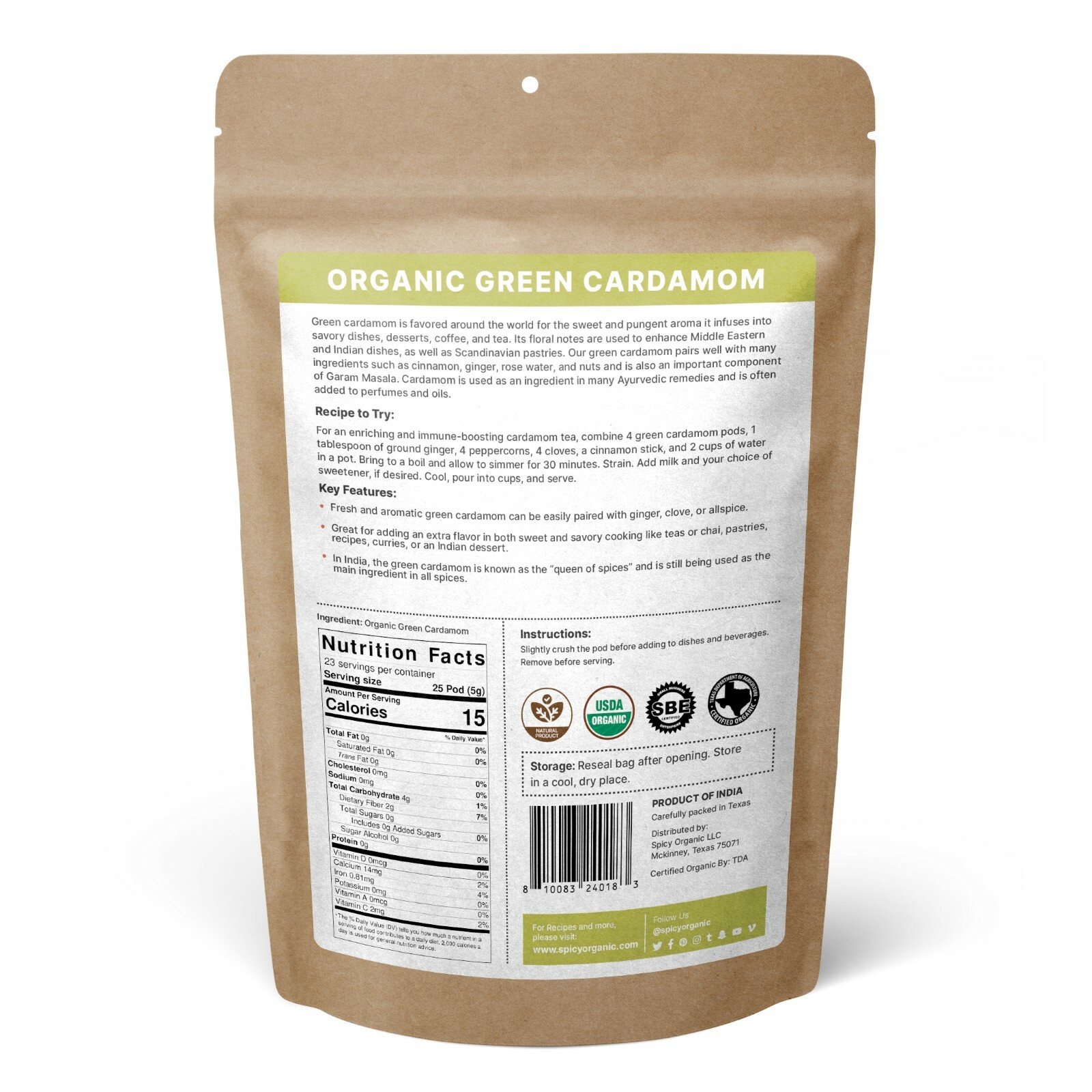 Organic Green Cardamom Pods Whole – Fresh Cardamom Seeds – 4OZ