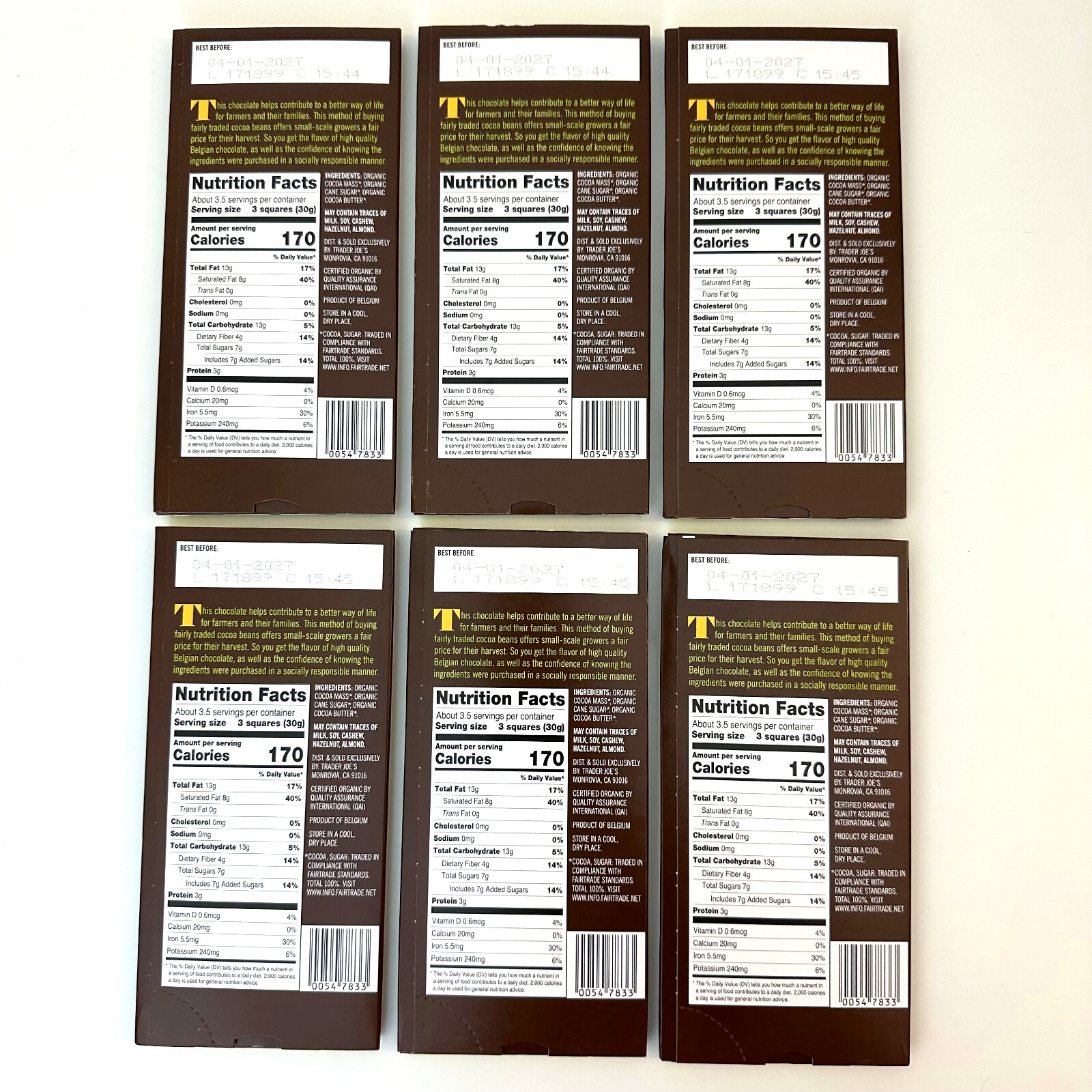 6 X Trader Joe’s Fair Trade Organic 72% Cacao Belgian Dark Chocolate Bar