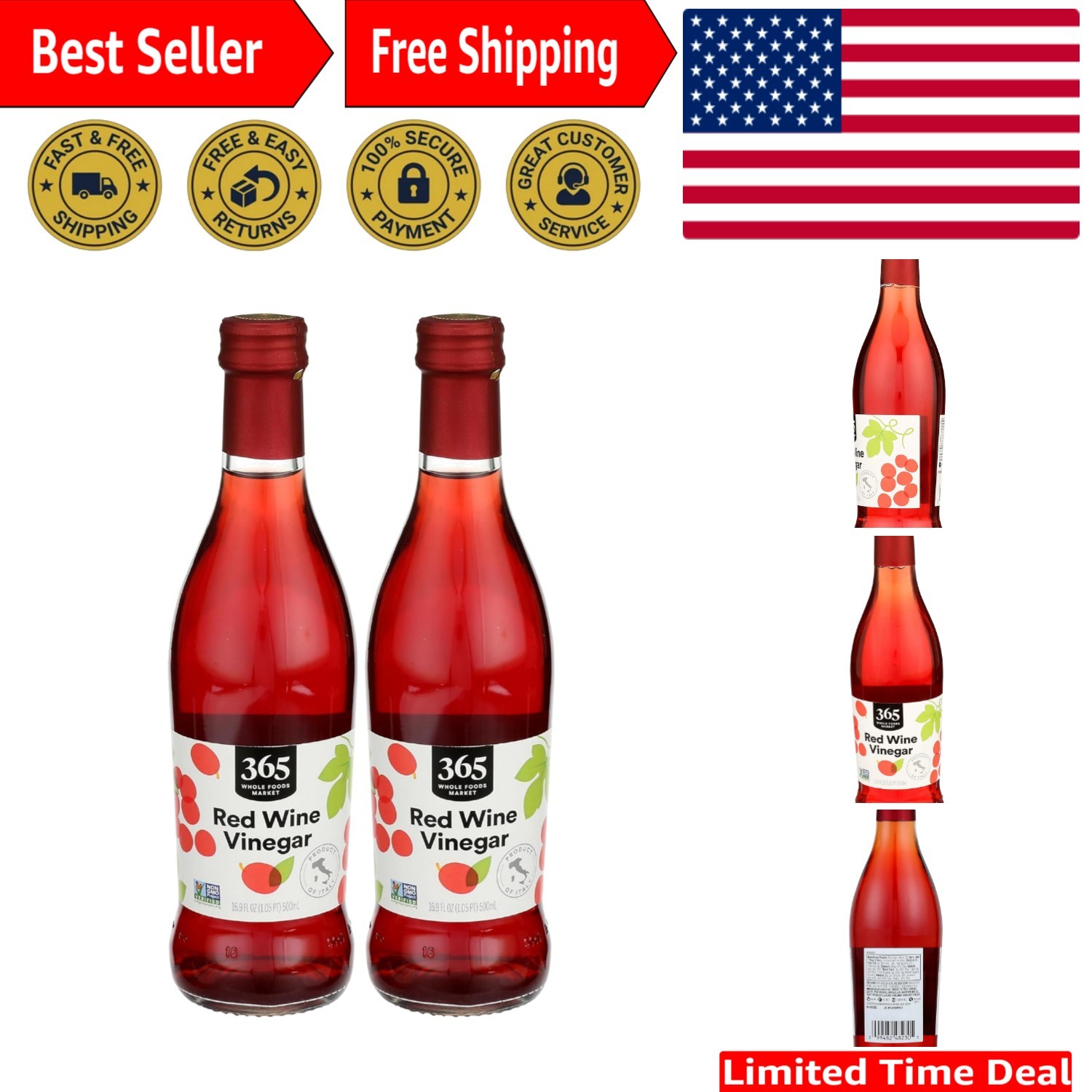 Versatile Red Wine Vinegar, 16.9 Fl Oz (2-Pack) – Ideal for Sauces & Marinades