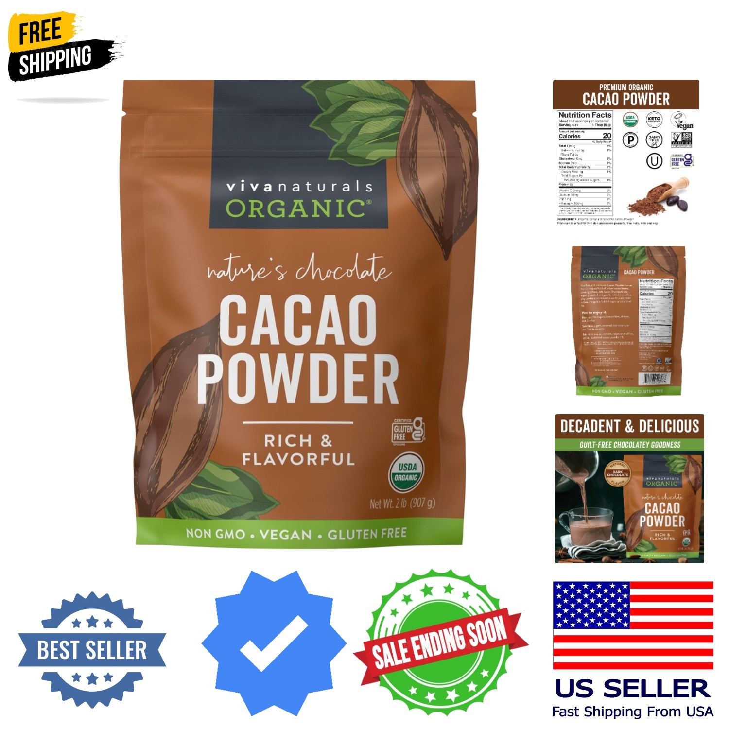 Organic Cacao Powder, Unsweetened, 2 lb 907 g – Rich Dark Chocolate Flavor, P…