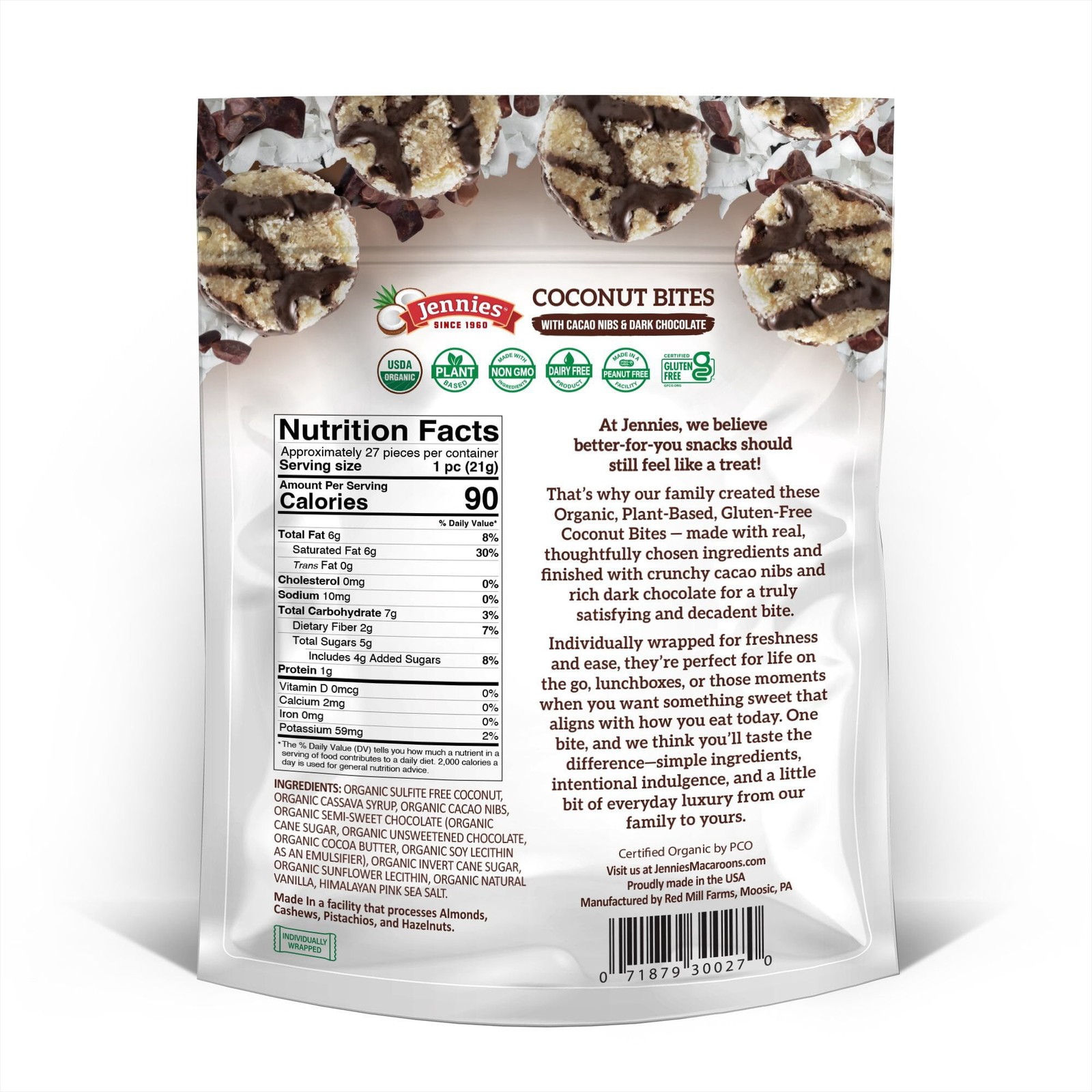 Jennies Coconut Bites Dark Chocolate Cacao Nibs 27 Ct Pack of 3 Organic