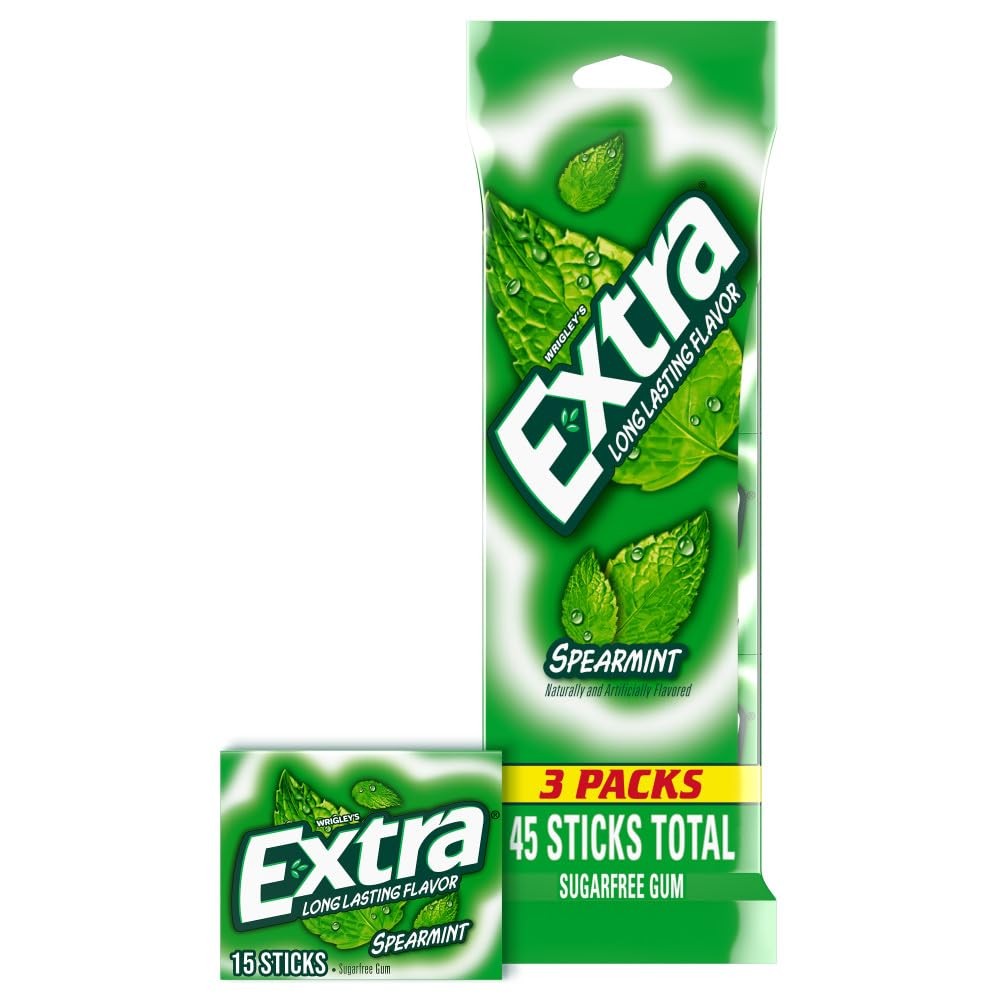 EXTRA Spearmint Sugar Free Chewing Gum, 3 Pack 15 Count (Pack of 3), Green