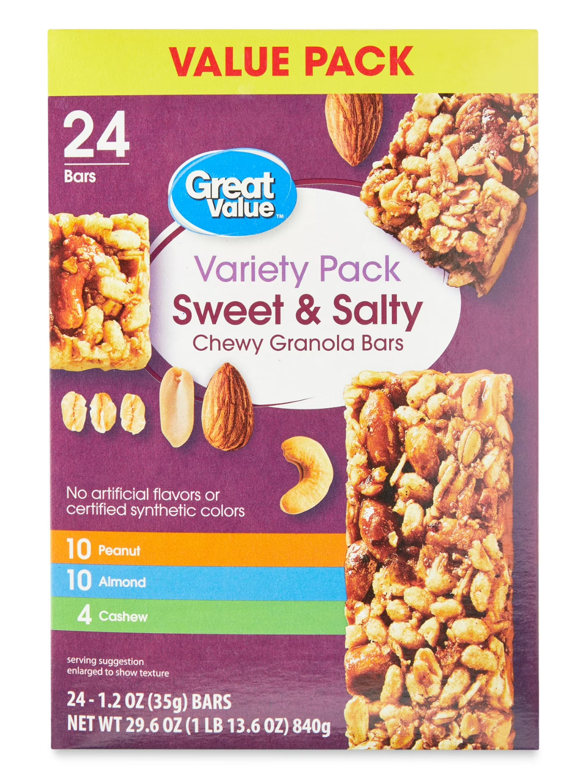 Great Value Sweet & Salty Chewy Granola Bars, Variety Pack, 1.2 oz, 24 Count