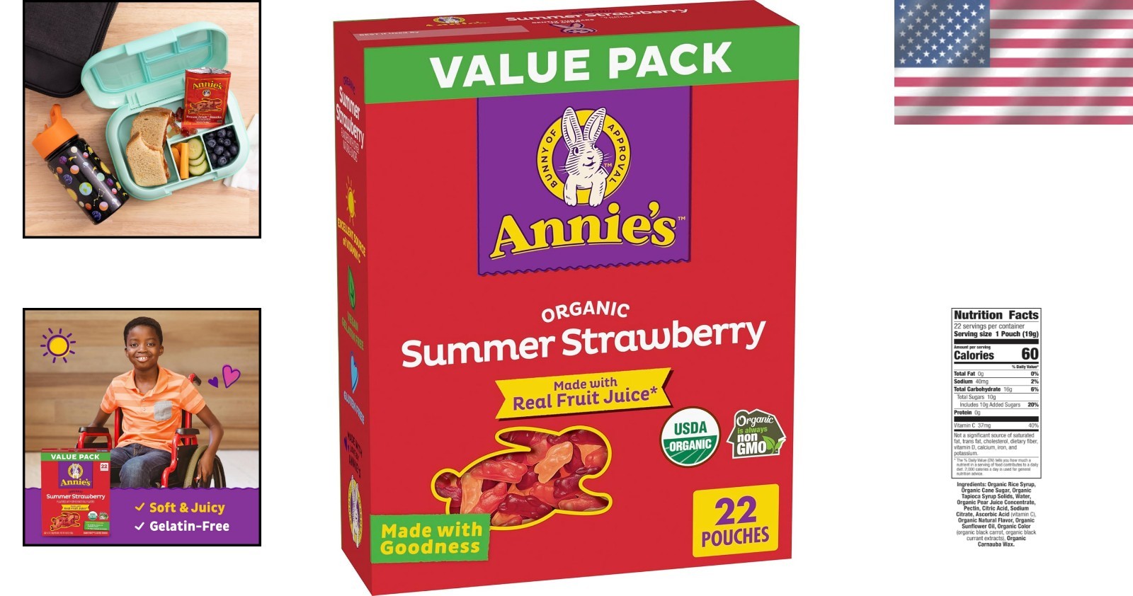 Bunny-Shaped Summer Strawberry Organic Gummies – 22 Gluten-Free Pouches for Kids