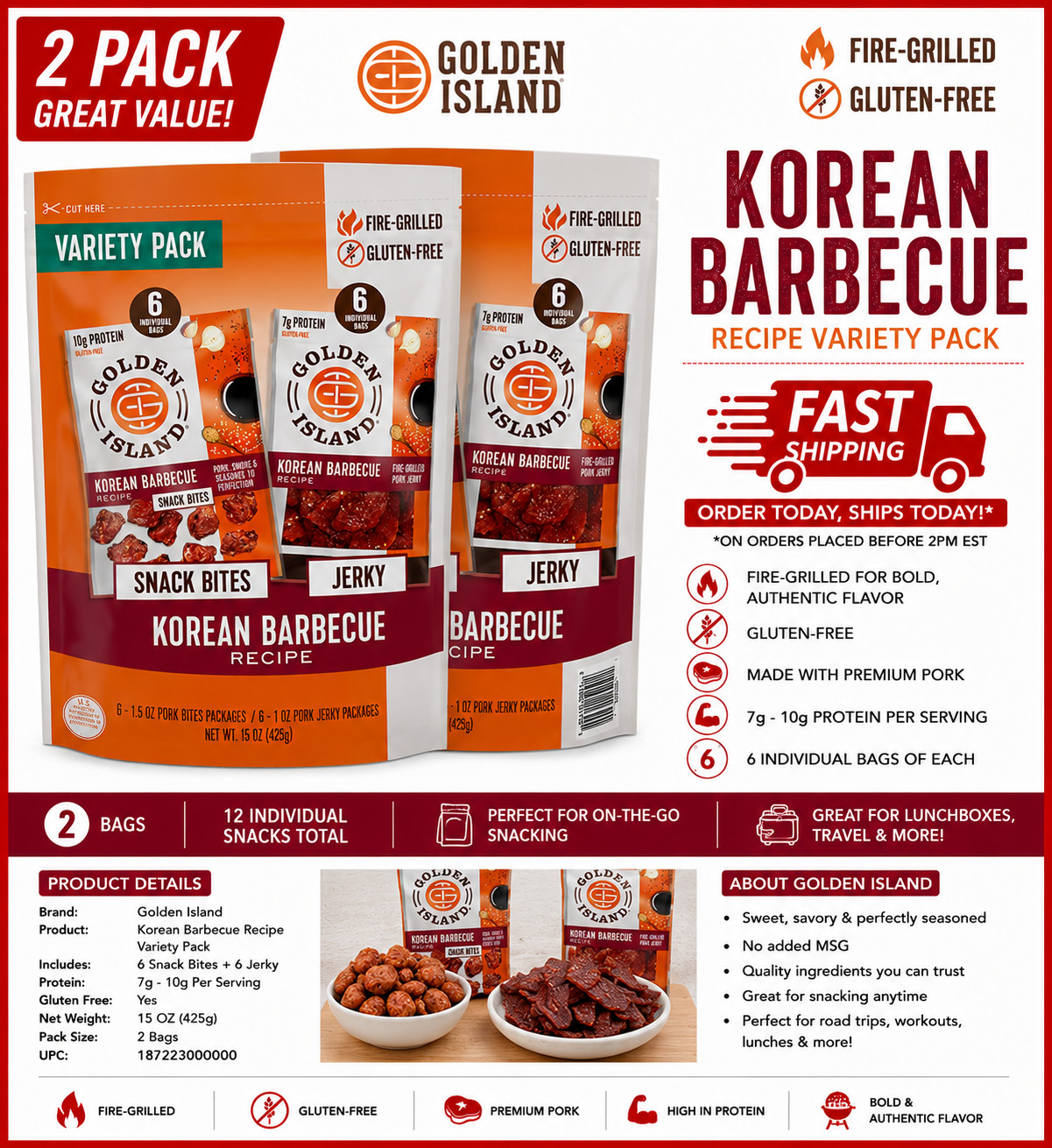2 Pk Golden Island Korean Barbecue Pork Jerky and Snack Bites, 1.50 oz., 12 pk.