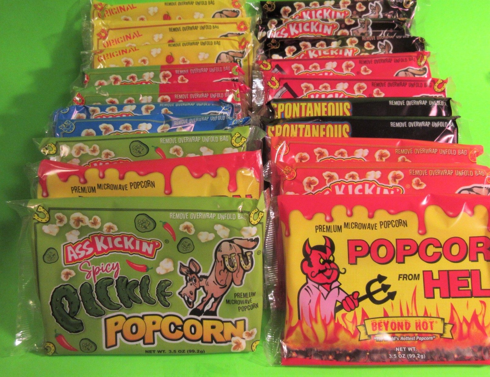 20 BAGS ASS KICKIN’ MICROWAVE POPCORN, 9 GREAT FLAVORS! MILD TO SPICY,TRY TODAY!