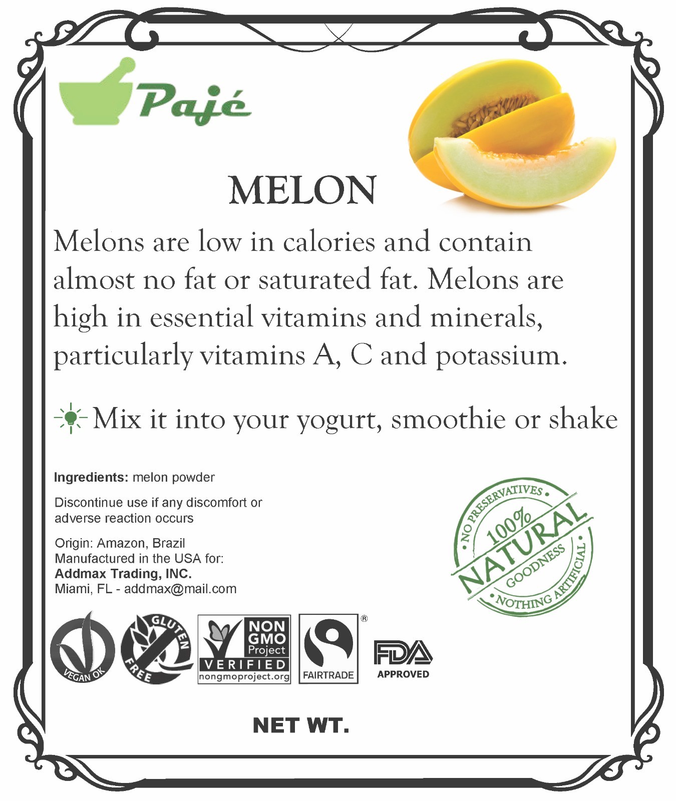 Melon fruit powder 8oz 1/2lb PAJE – vitamins A, C, BEAUTY and minerals PAJE