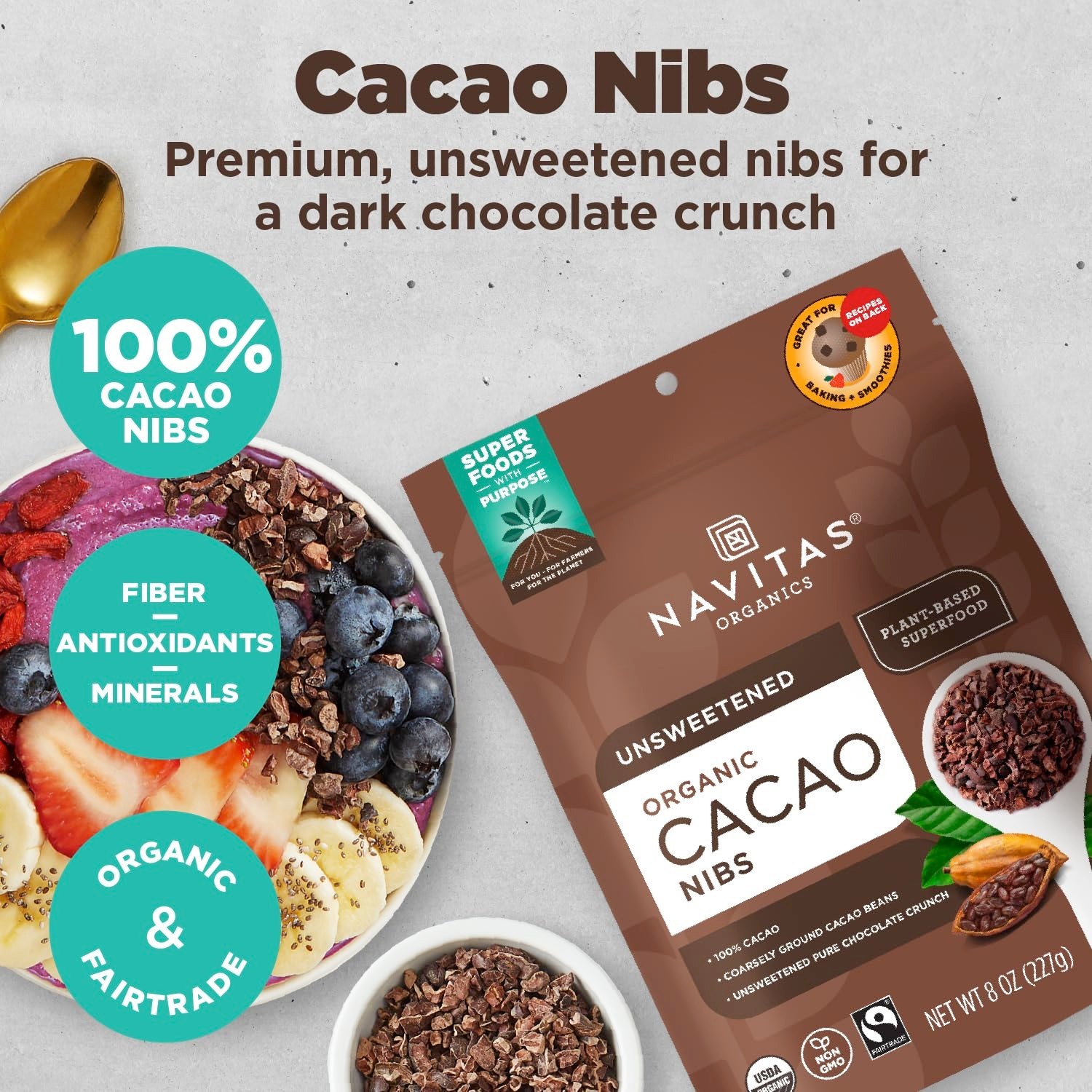 Navitas Organic Cacao Nibs Unsweetened 16 oz Each (Pack of 3)