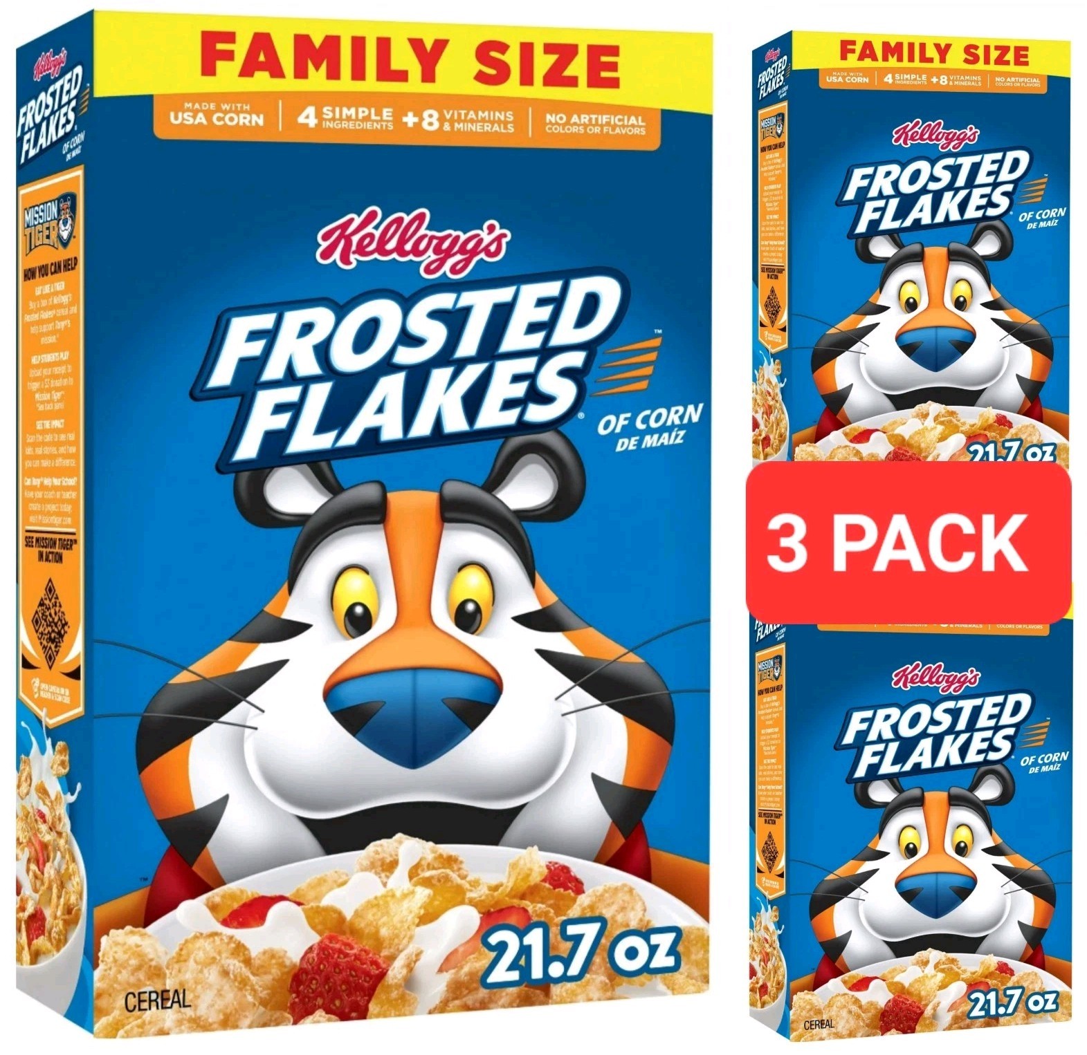 3 PACK! FAMILY SIZE Frosted Flakes Breakfast Cereal Fat Free 21.7 Oz Each