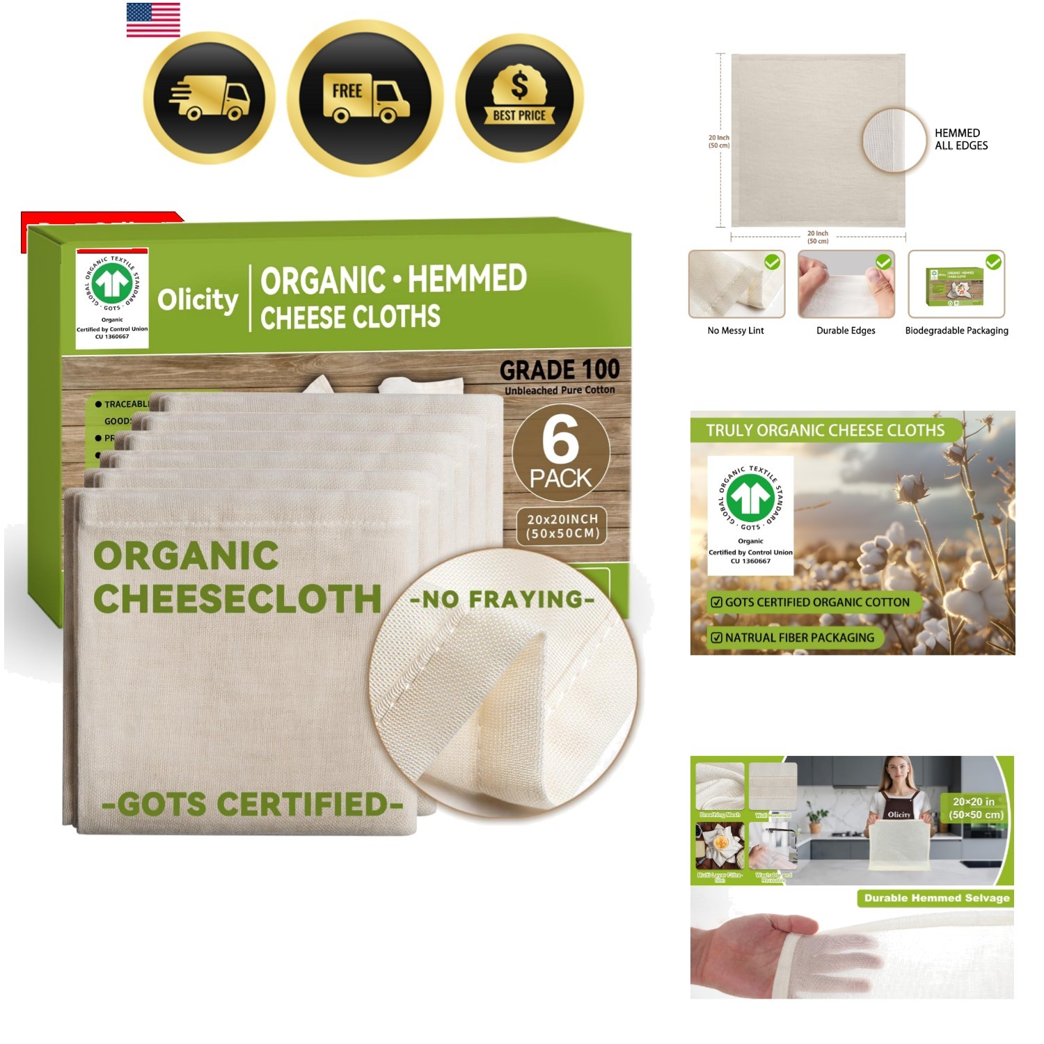 Organic Cheese Cloths, GOTS Certified, 6Pack, Grade 100, 20x20Inch Hemmed Che…